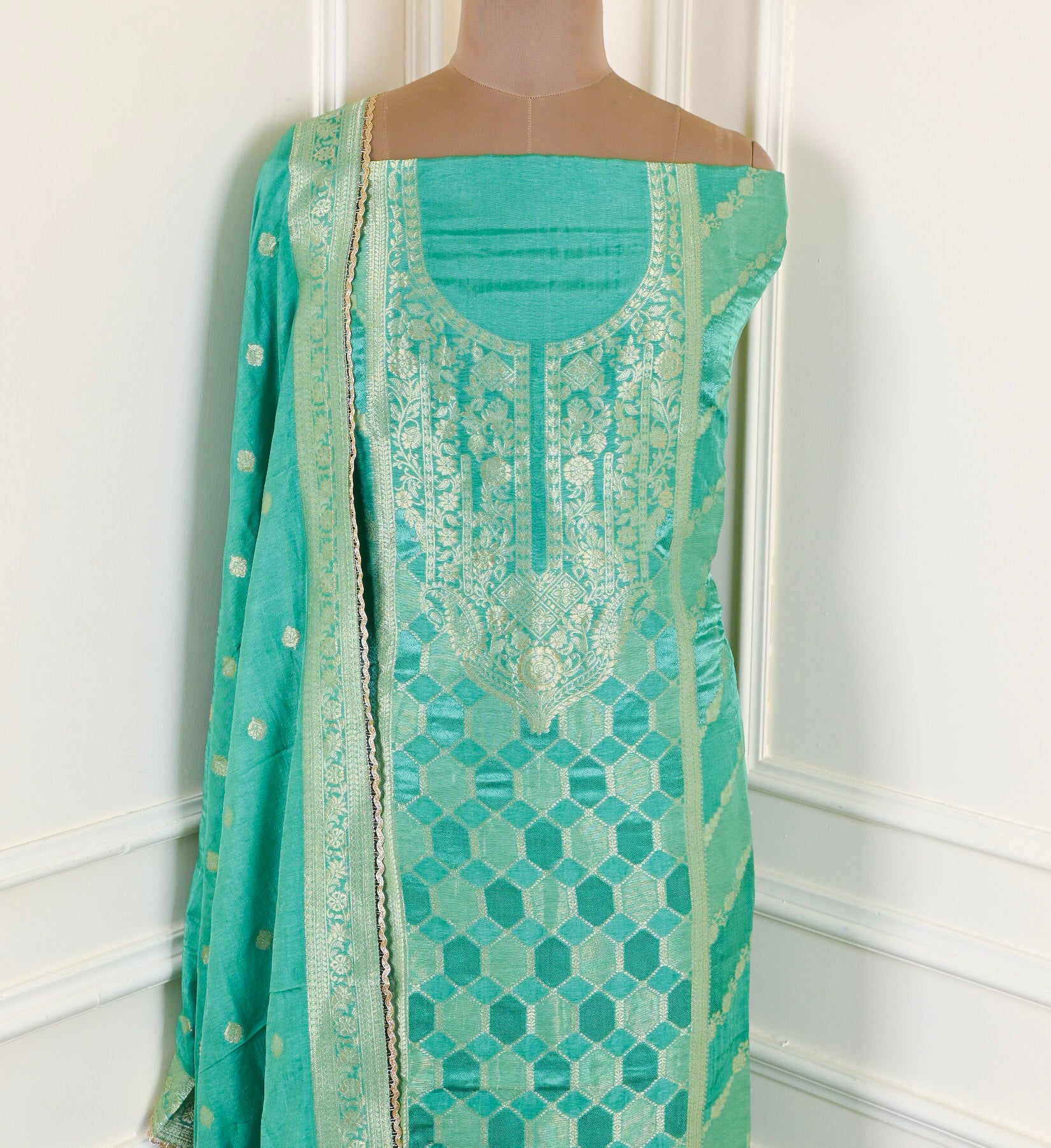 Banarasi Sea Green Unstitched Suit