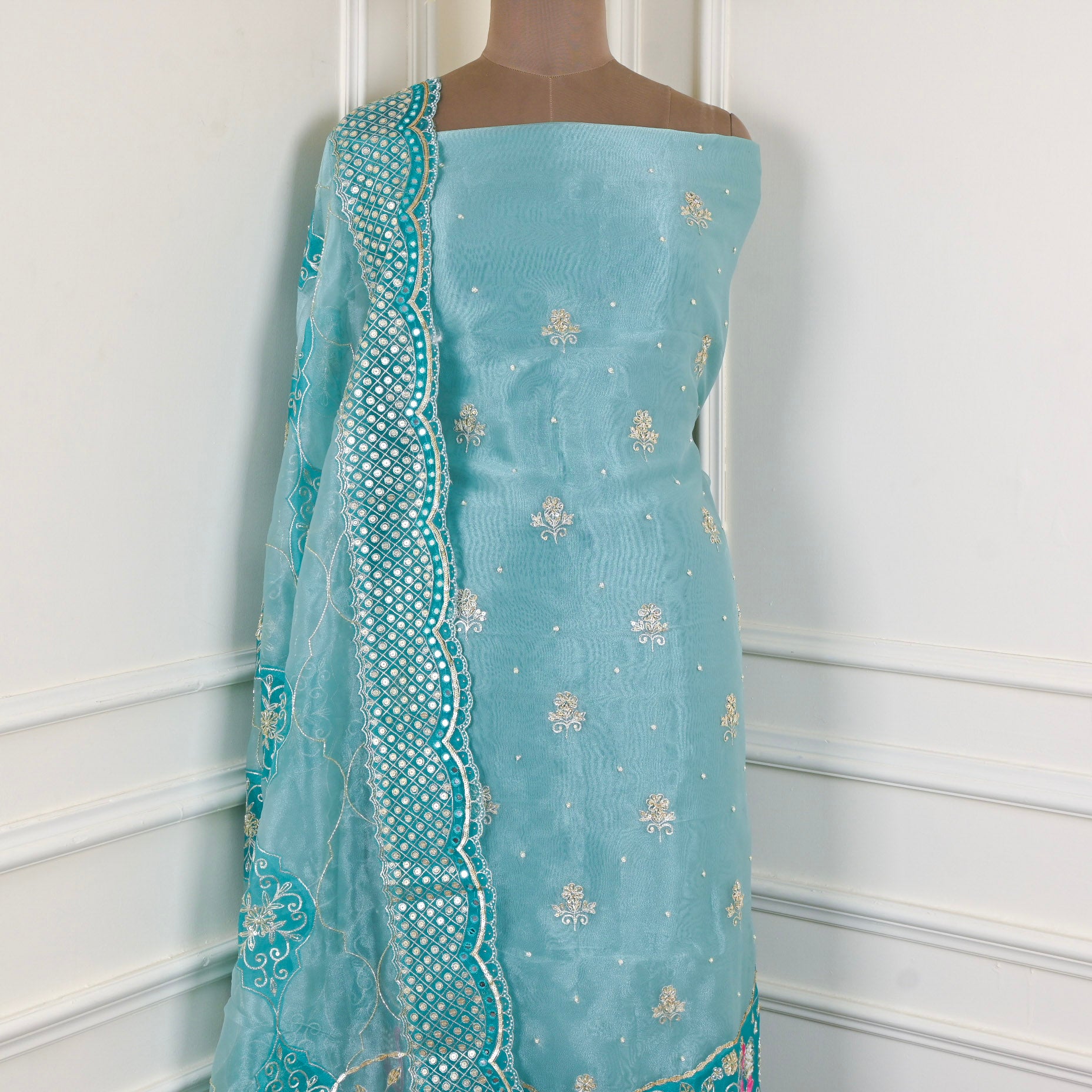 Glass Shimmer Aqua Blue Unstitched Suit