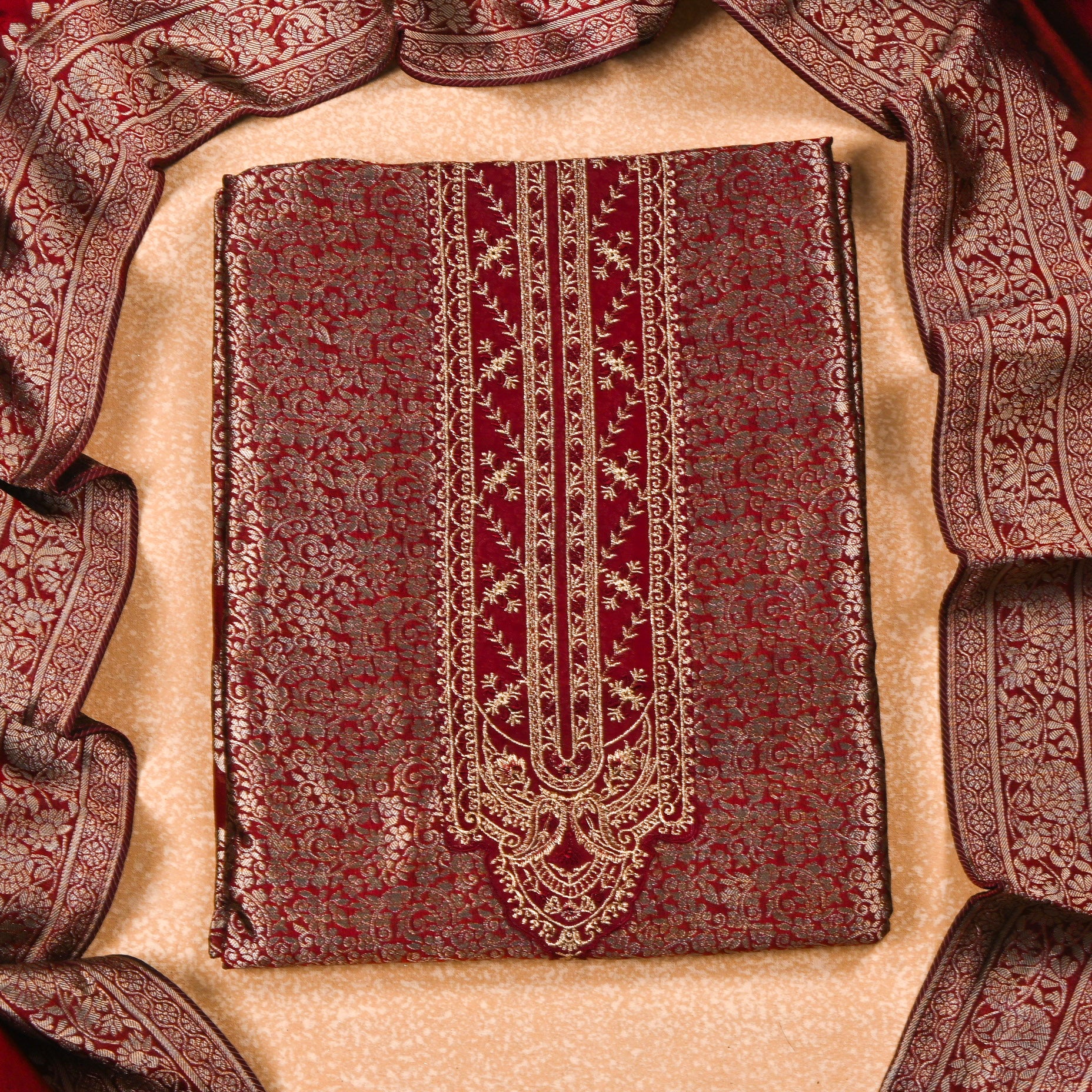 Banarasi Red Unstitched Suit