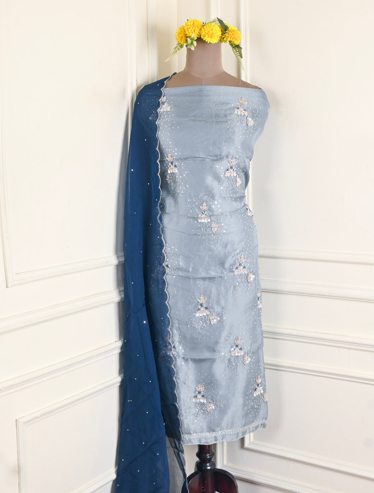 Twill Organza Navy Unstitched Suit