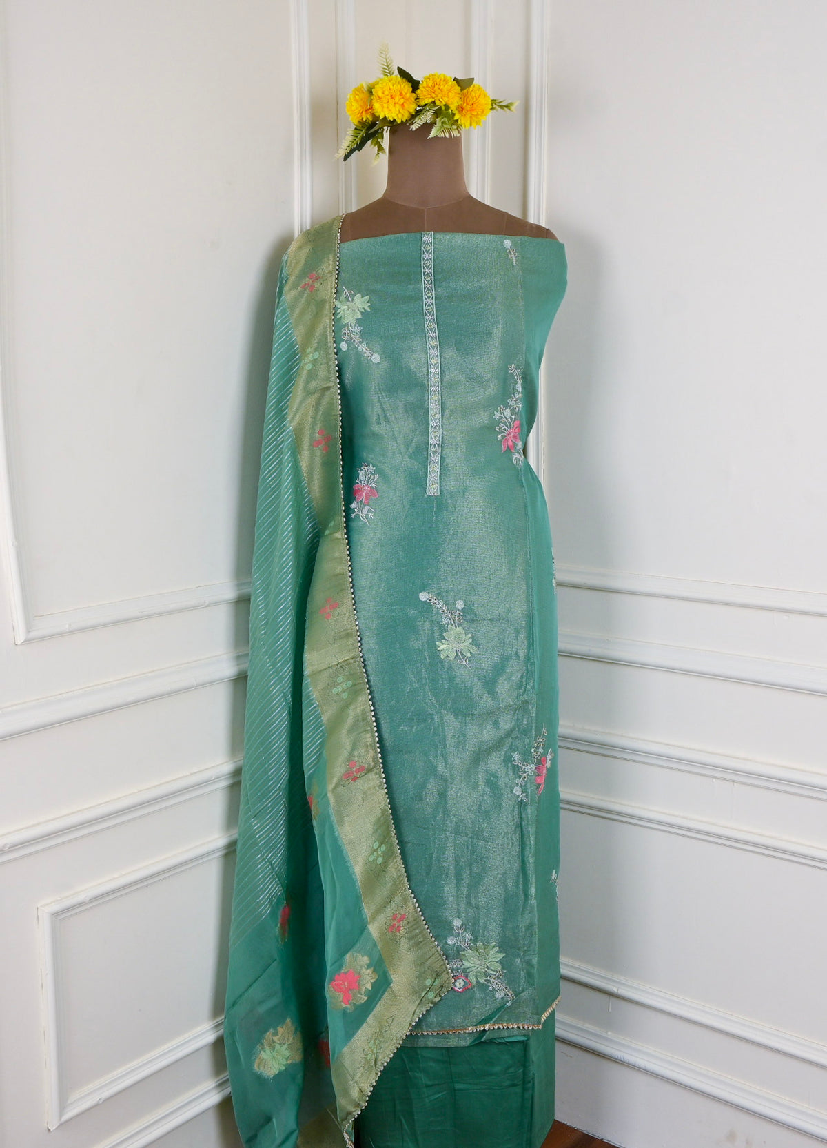 Shimmer Green Unstitched Suit