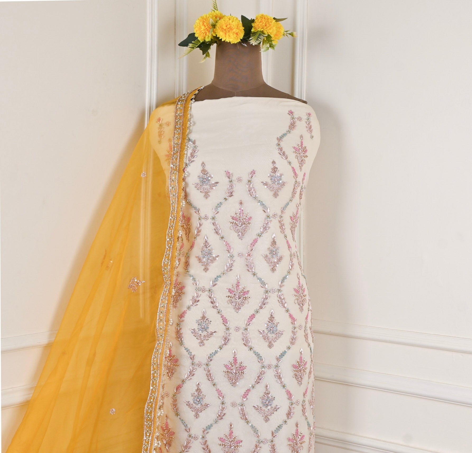 Organza Yellow Unstitched Suit