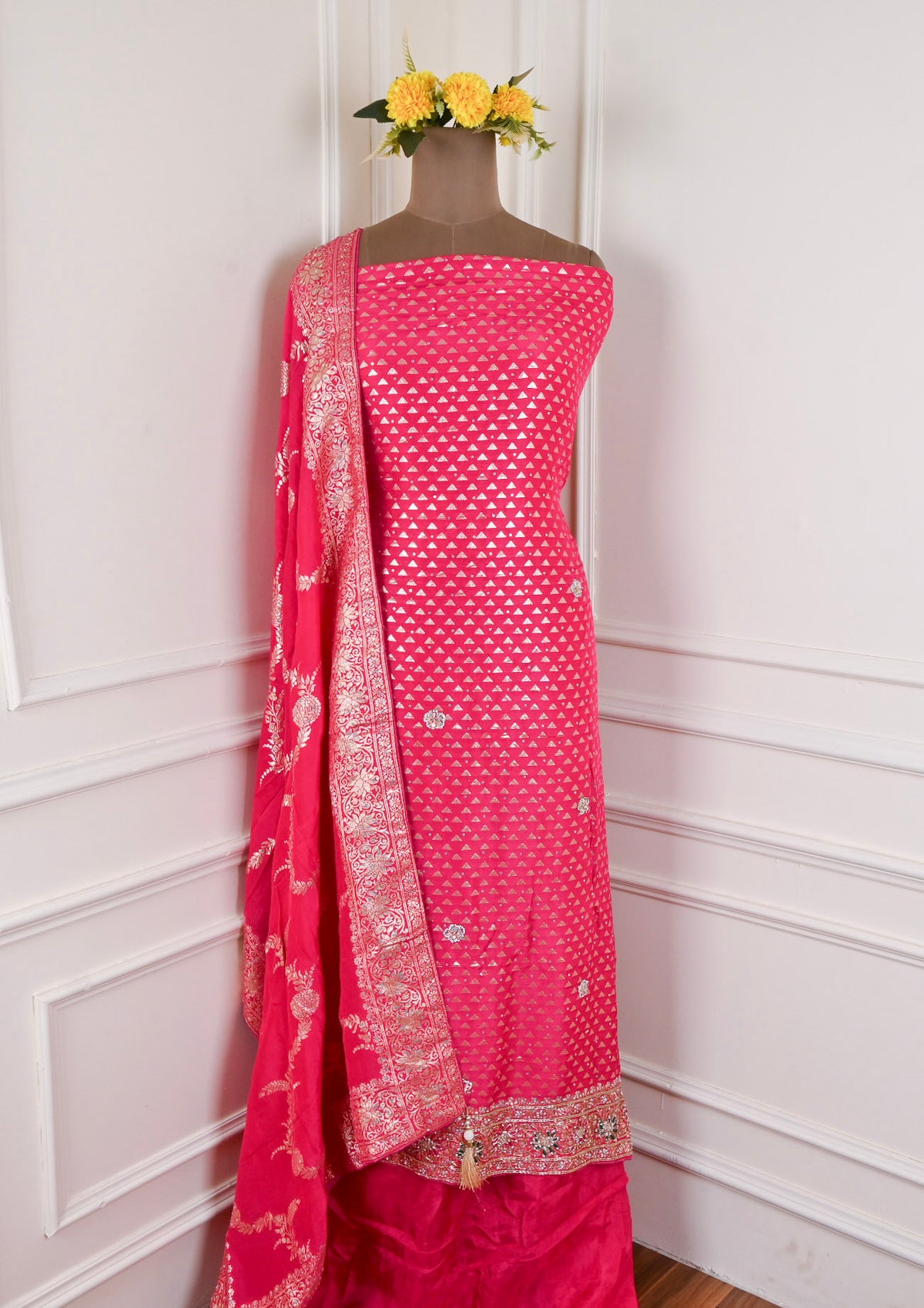 Banarasi Silk Pink Unstitched Suit