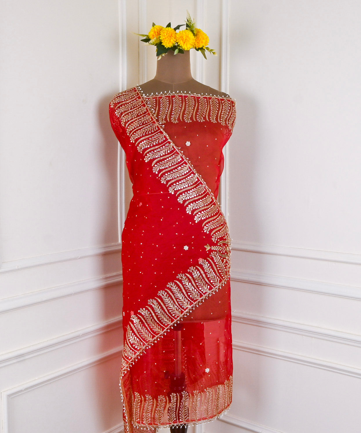 Organza Red Unstitched Suit