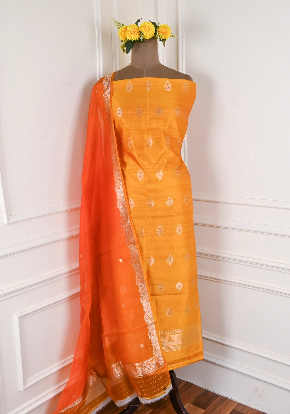 Khadi Silk Orange Unstitched Suit