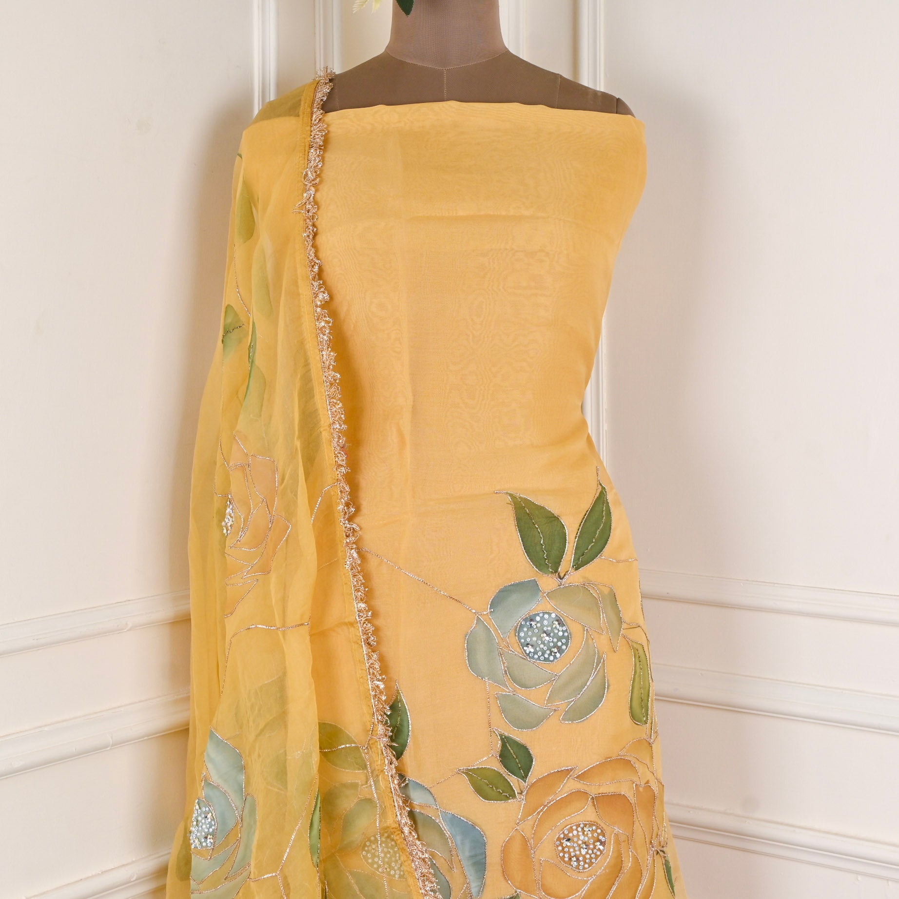 Organza Yellow Unstitched Suit