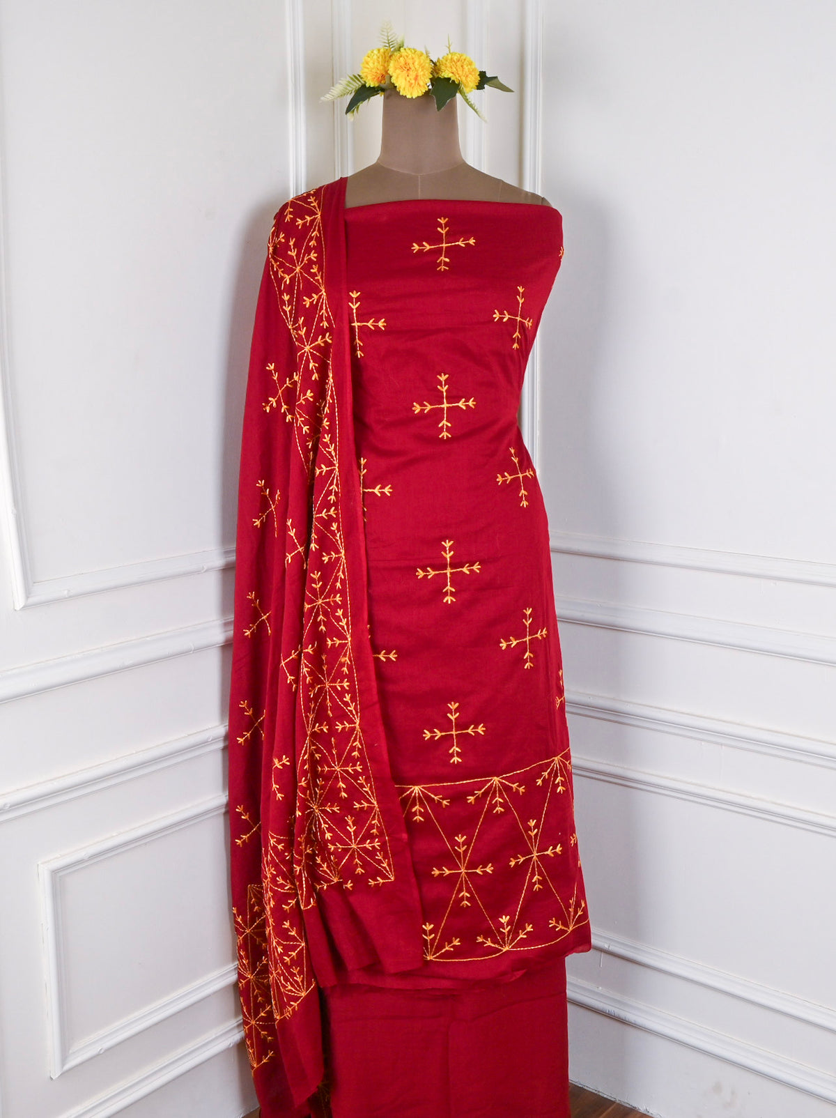 Mul Mul Maroon Phulkari Suit
