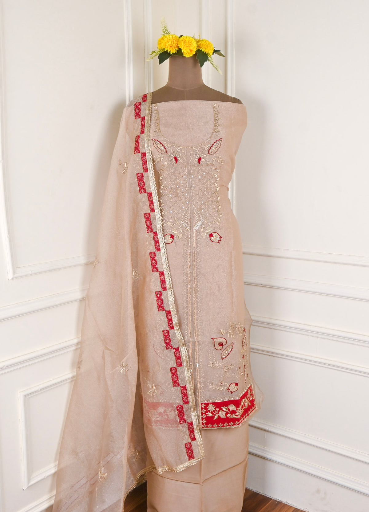 Crush Beige Red Unstitched Suit