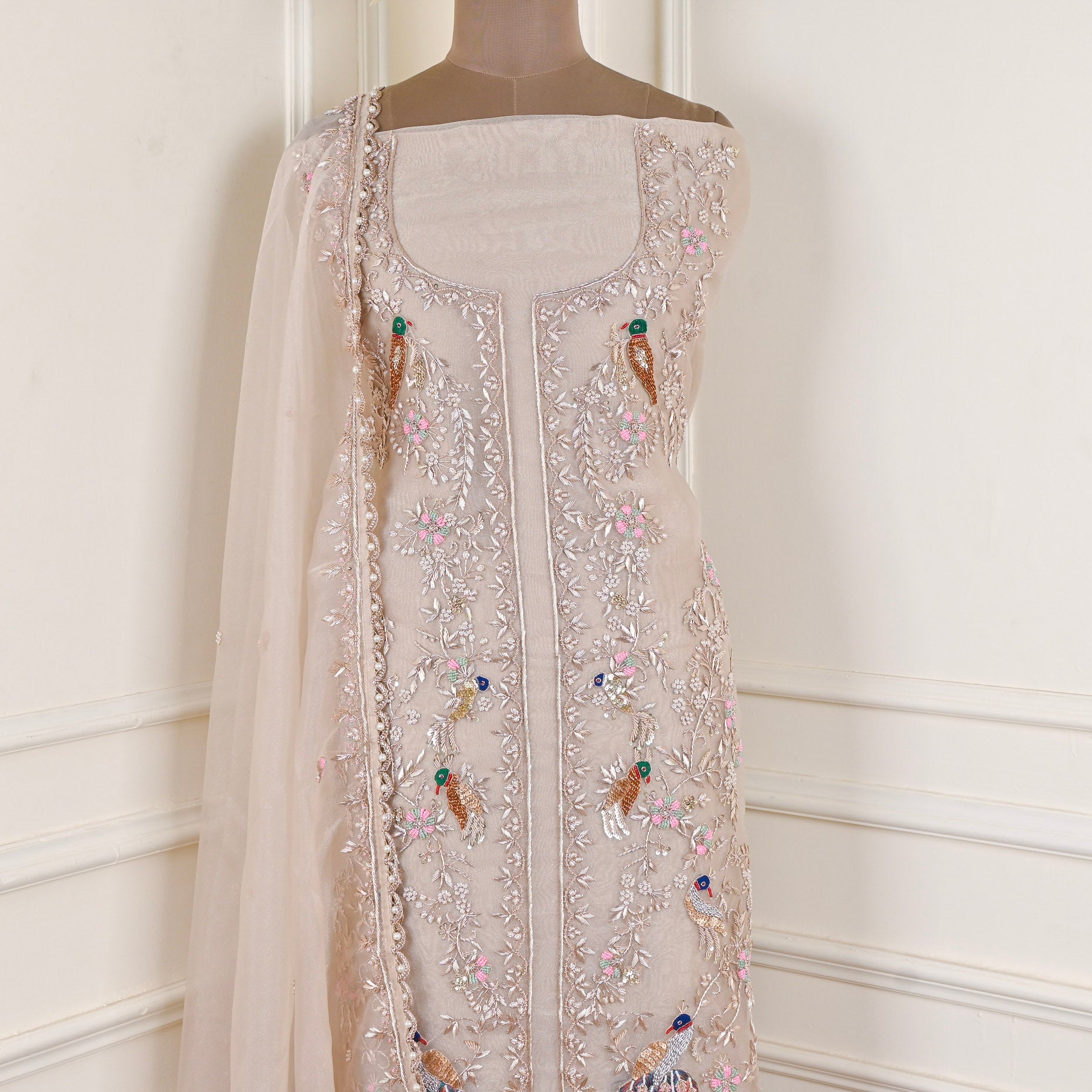 Glass Organza Beige Unstitched Suit