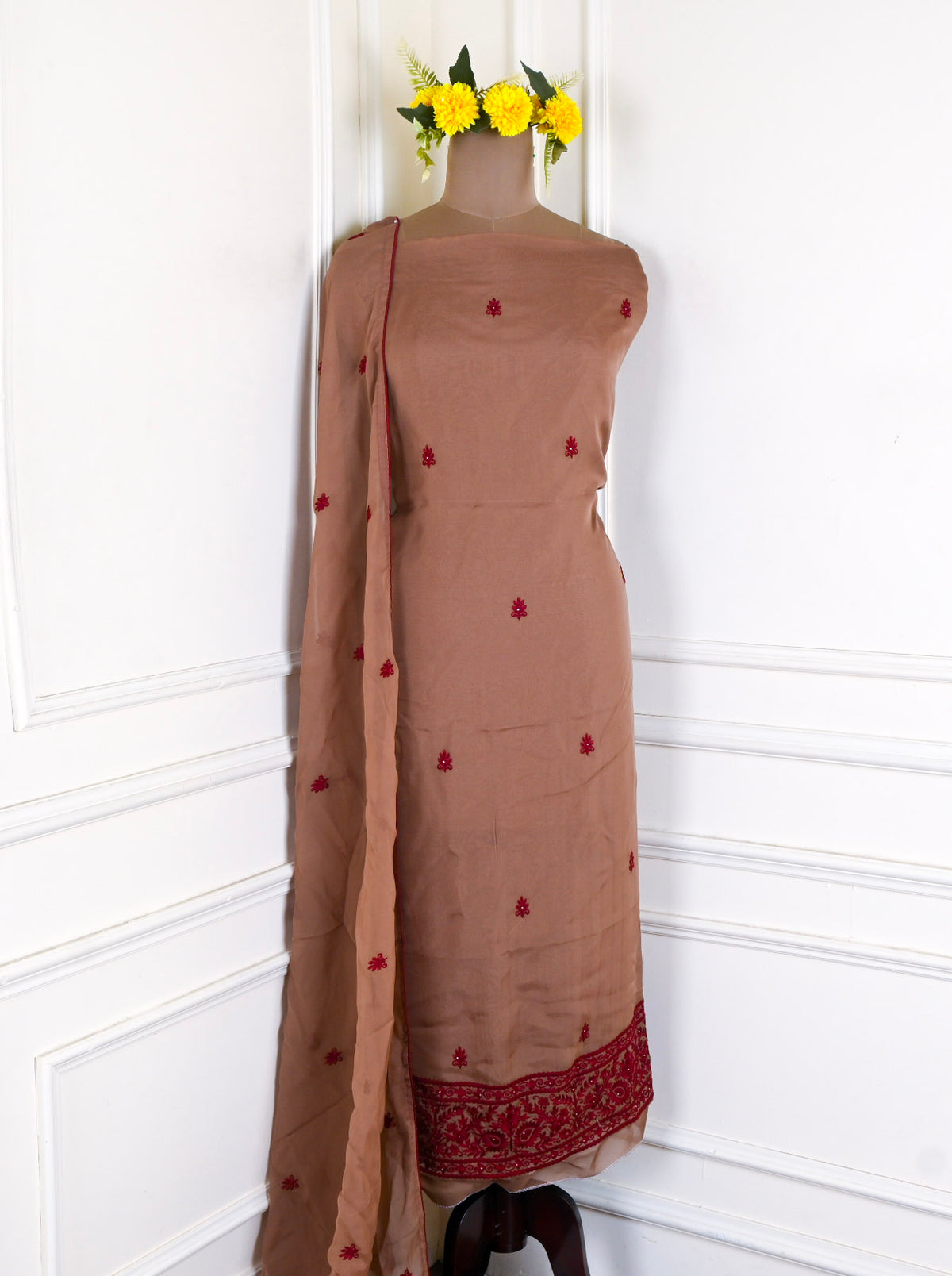 Organza Brown Unstitched Suit