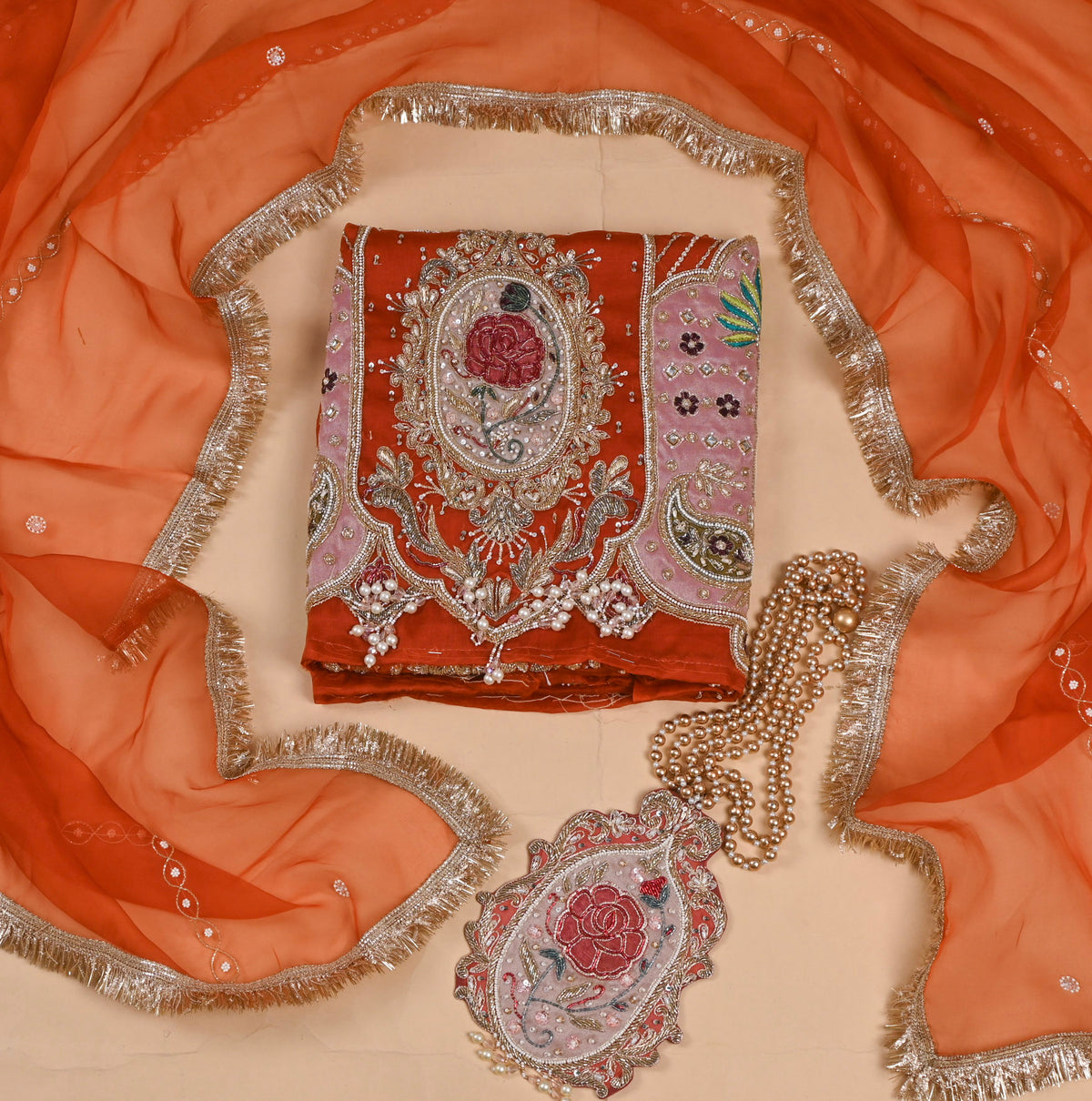 Organza Rust Unstitched Suit