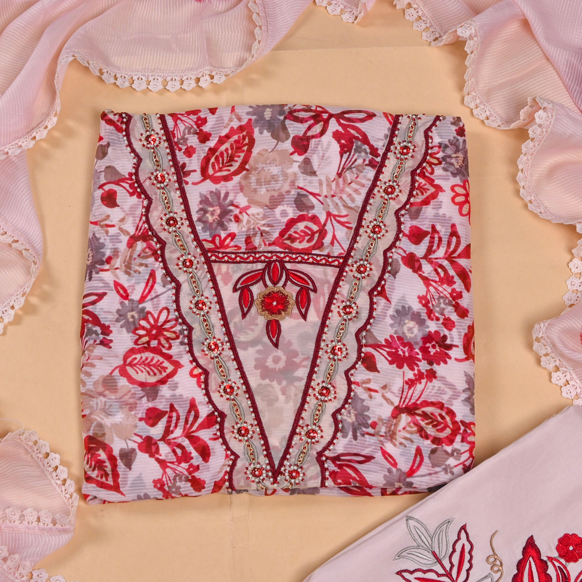 Tabby Red Beige Unstitched Suit