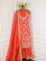 Shimmer Orange Unstitched Lehenga Suit