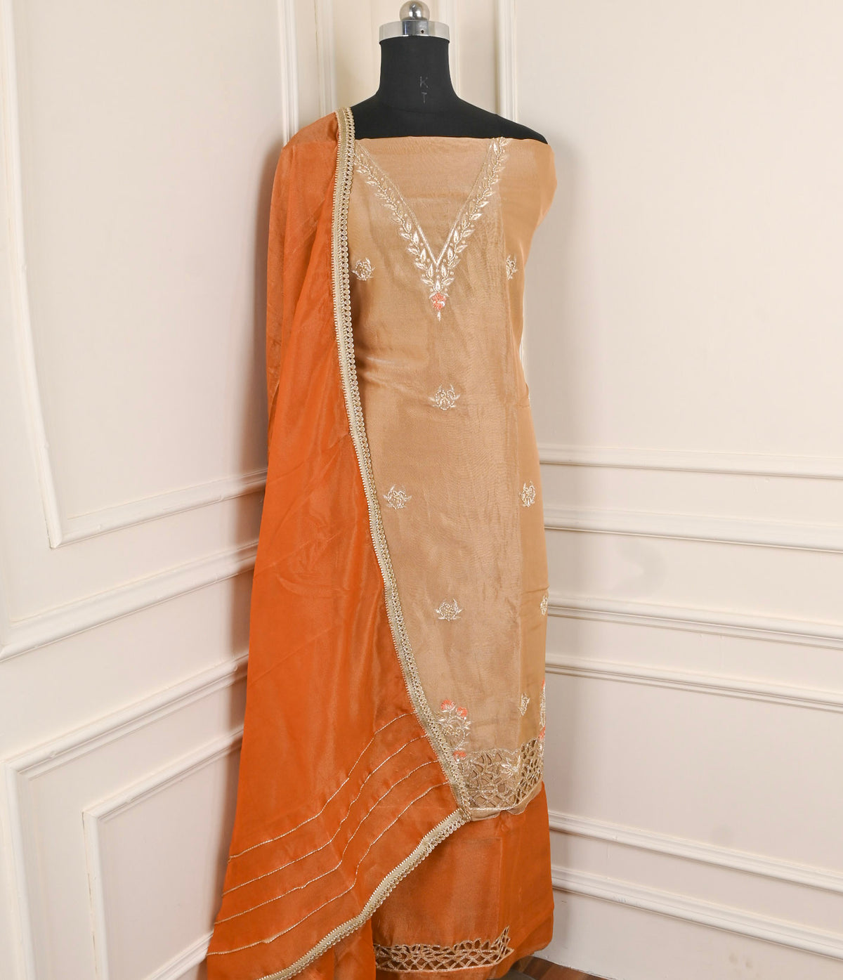Glass Shimmer Beige Orange Unstitched Suit