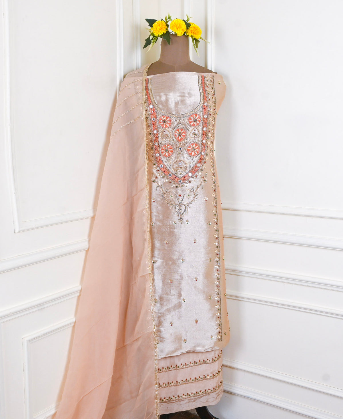 Brocade Beige Unstitched Suit
