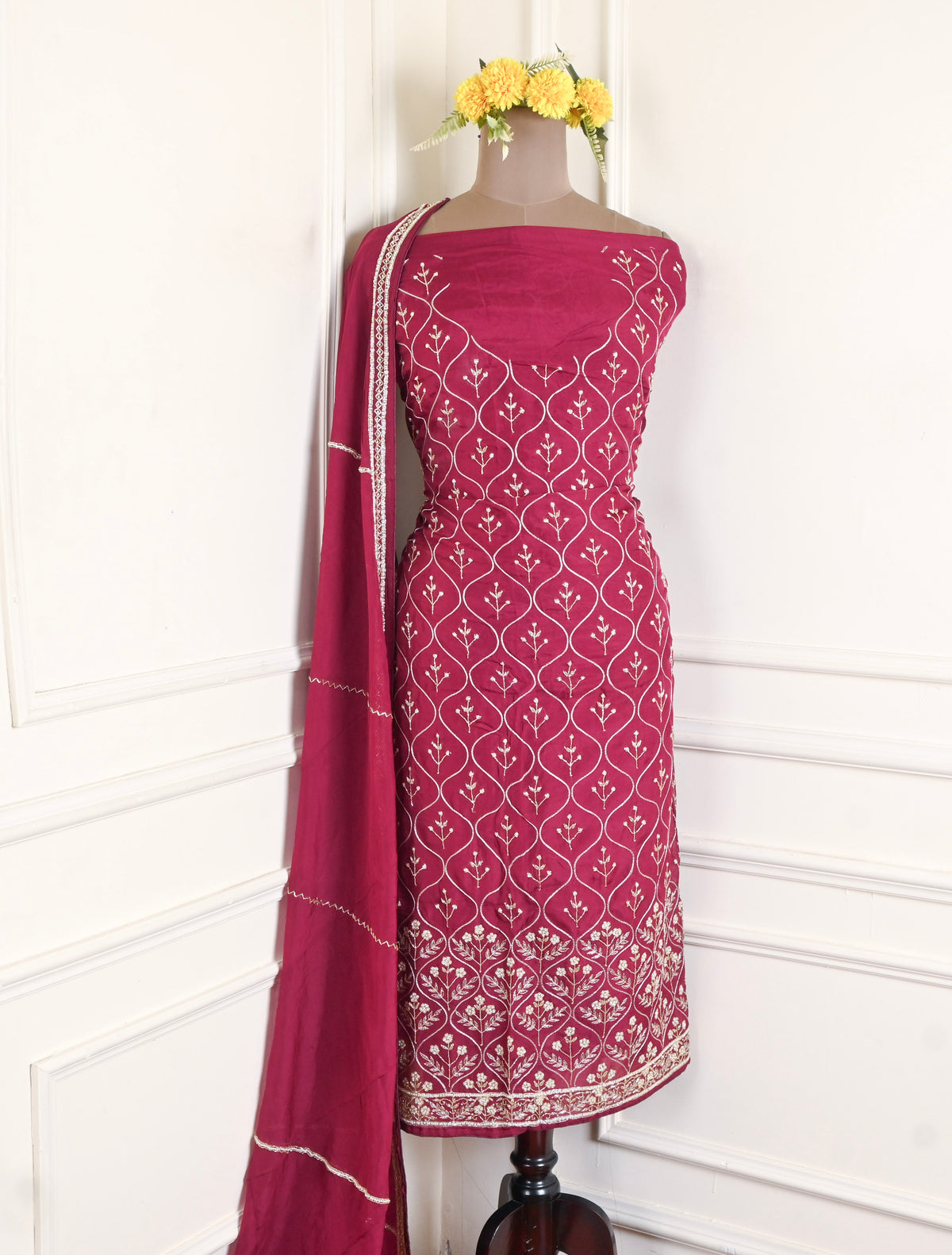 Organza Maroon Unstitched Suit