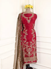 Organza Maroon Unstitched Suit