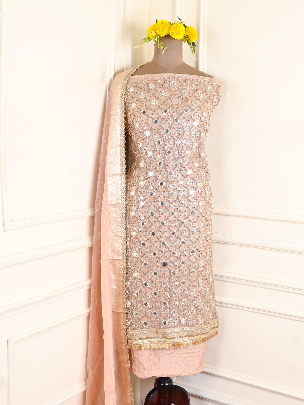 Net Beige Unstitched Suit