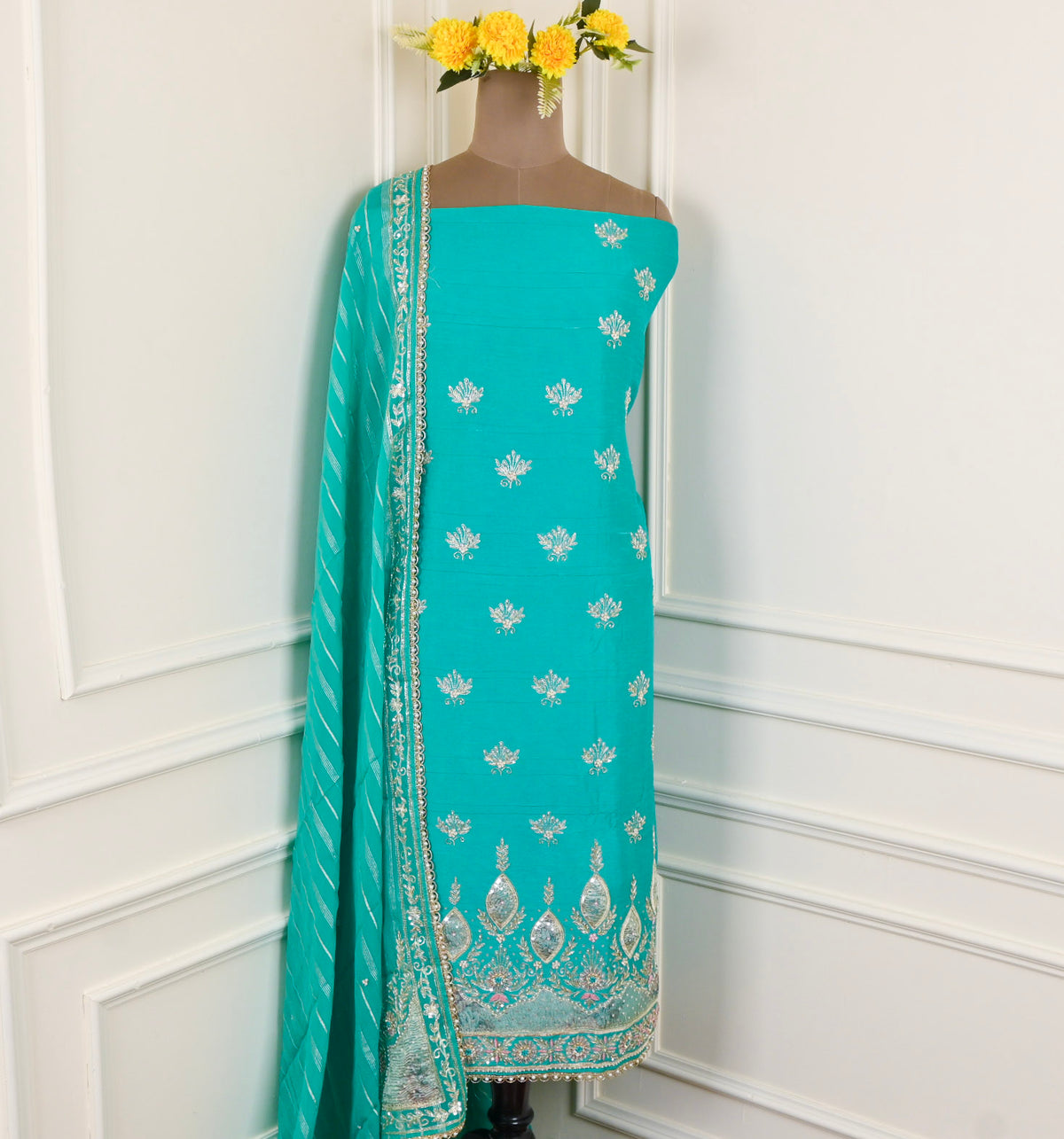Raw Silk Ferozi Unstitched Suit