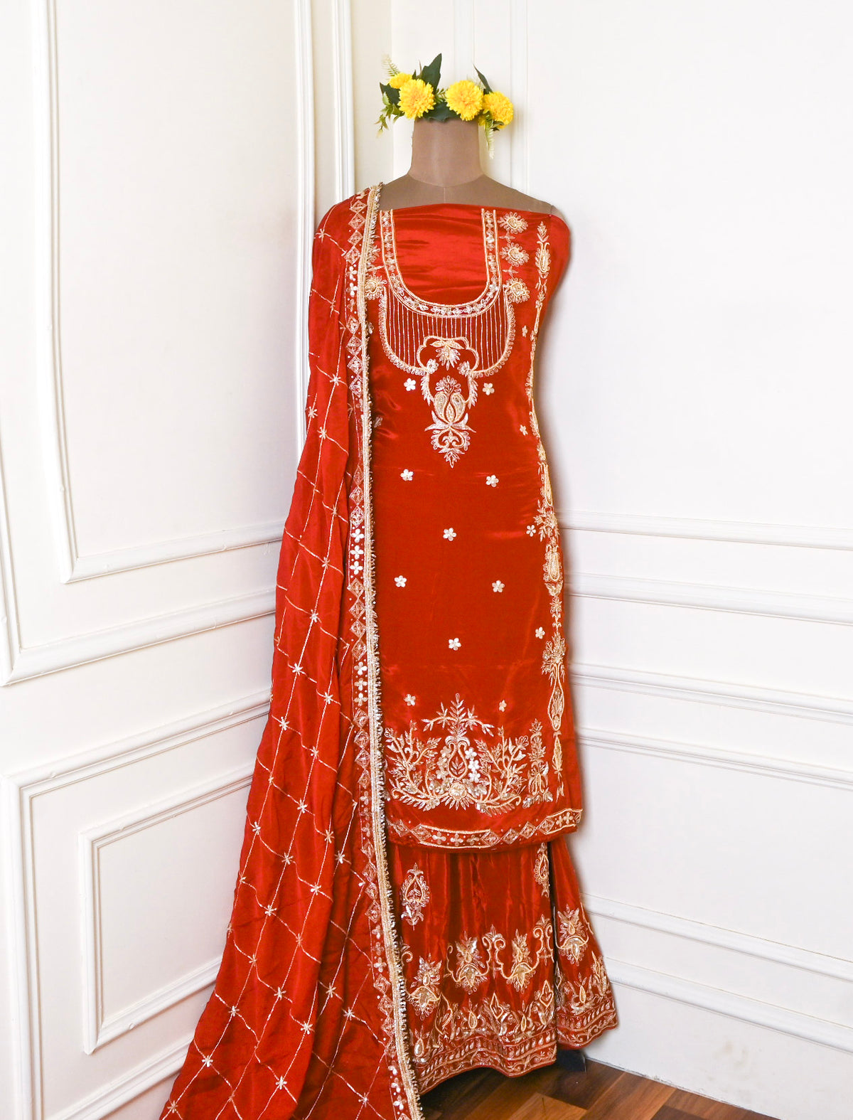 Crepe Rust Unstitched Lehenga Suit