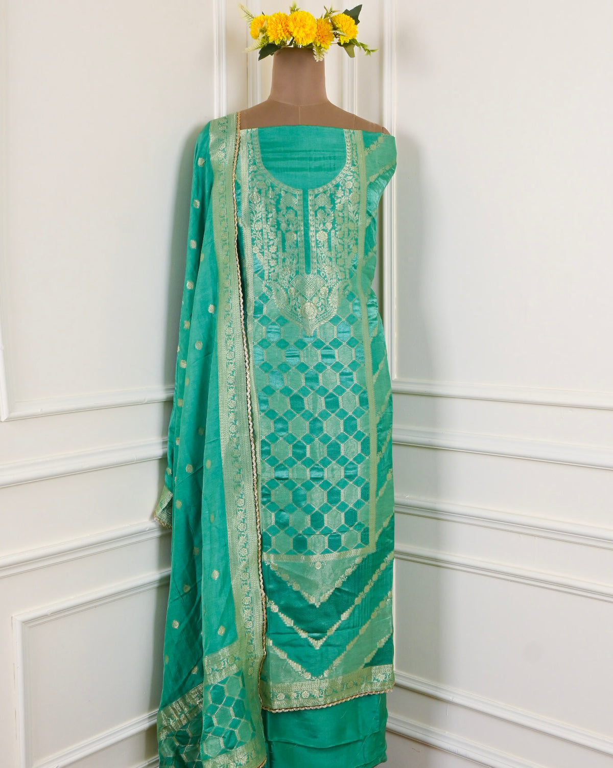 Banarasi Sea Green Unstitched Suit