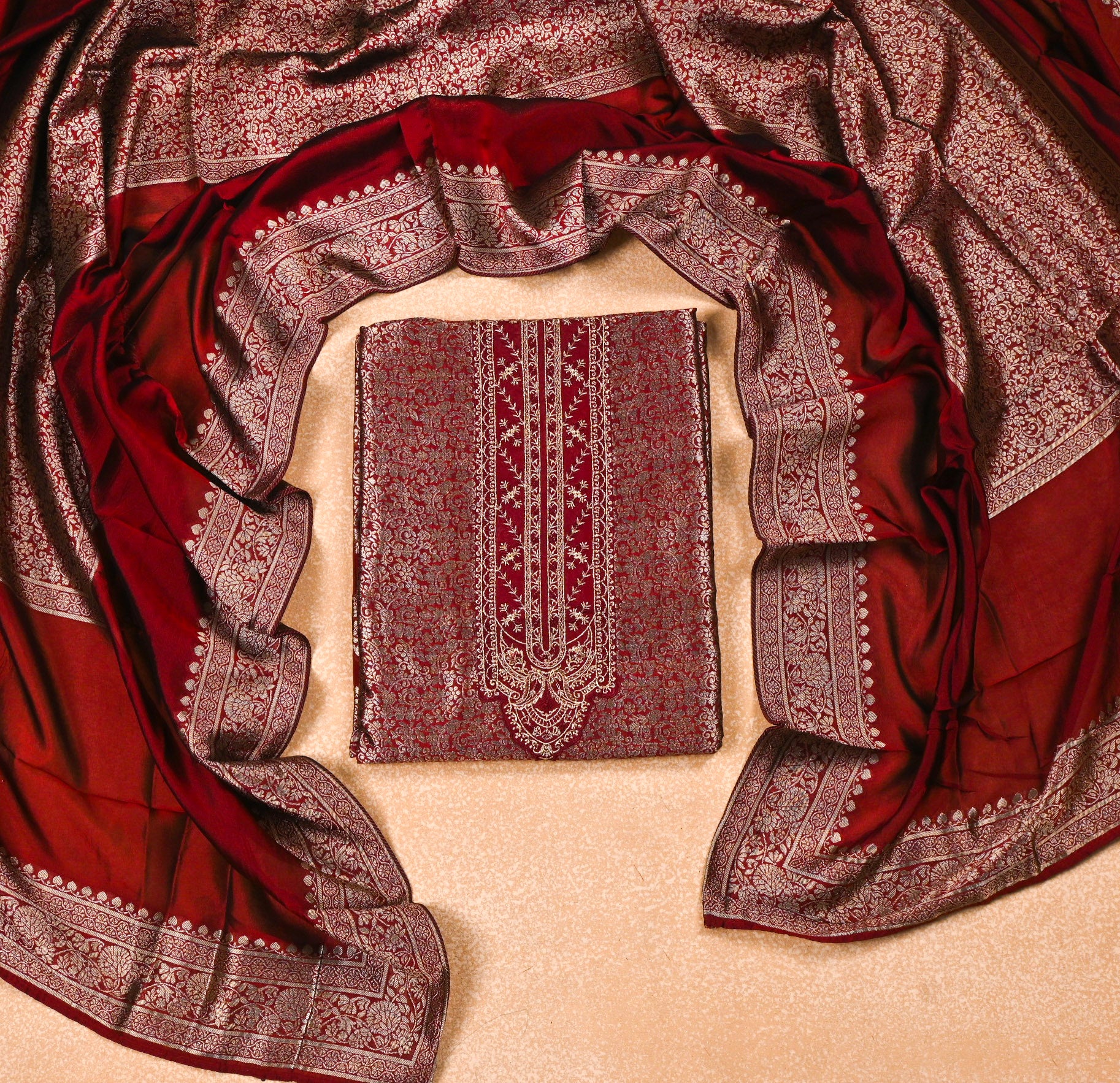 Banarasi Red Unstitched Suit