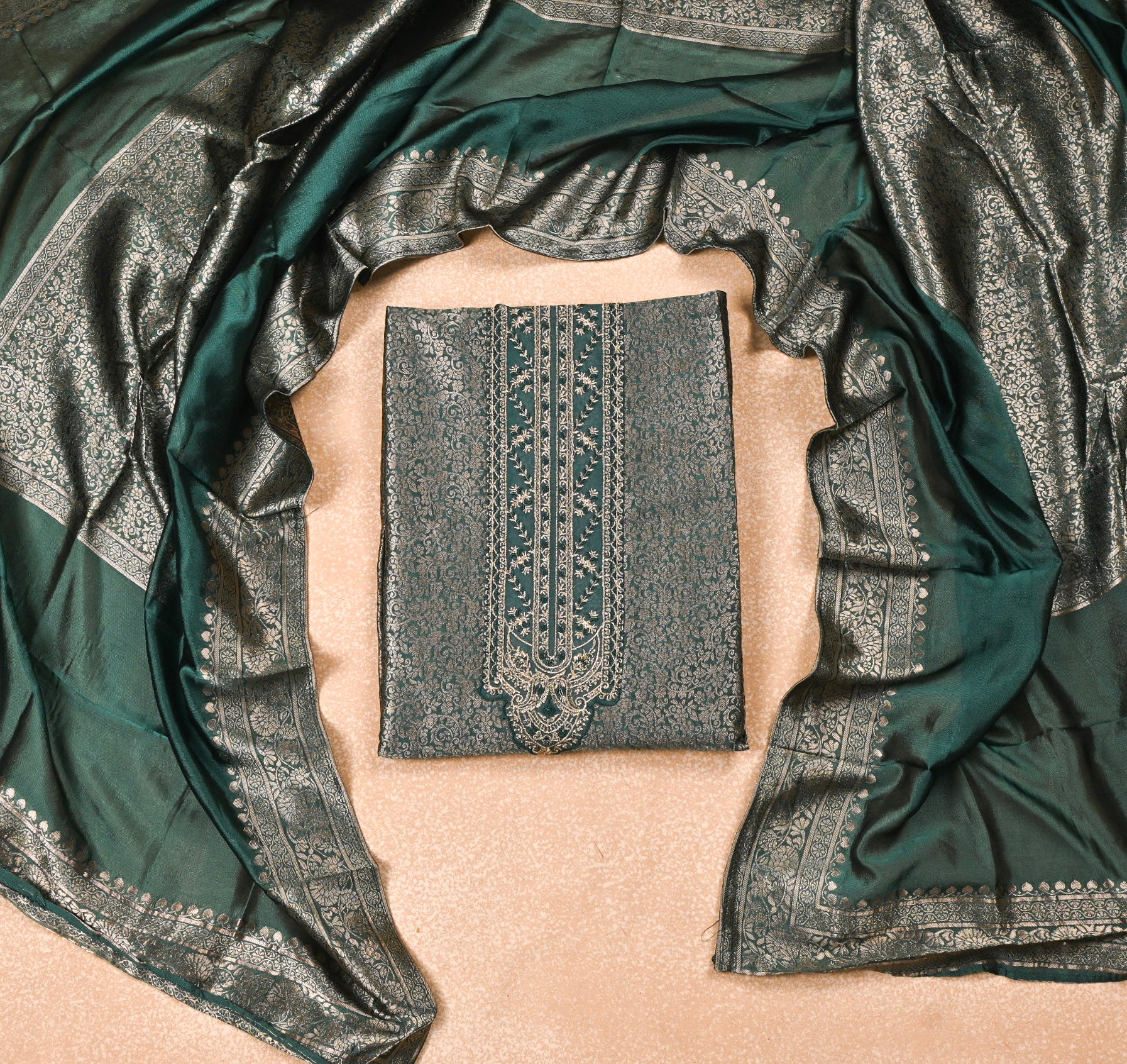 Banarasi Sea Green Unstitched Suit