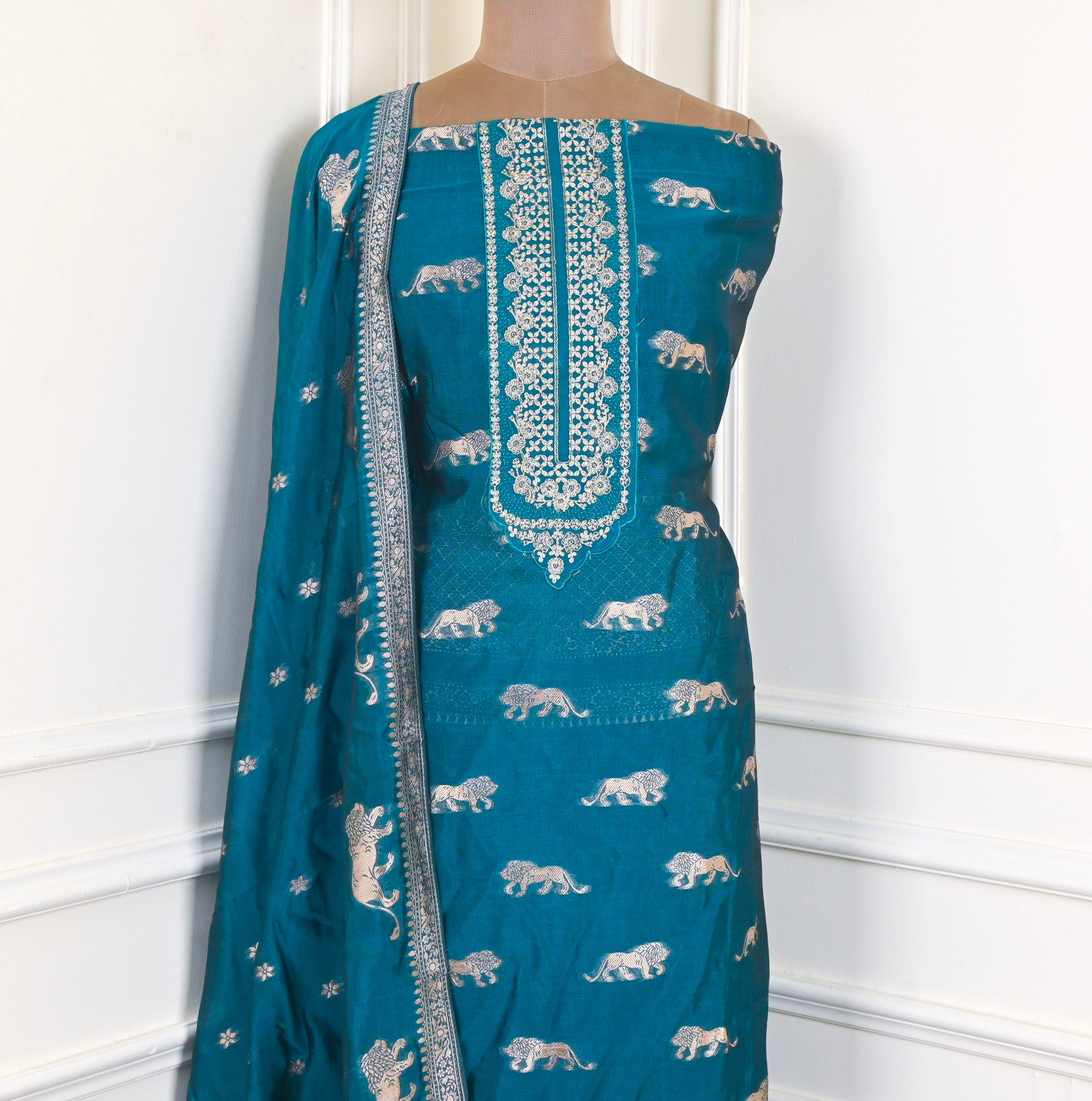 Banarasi Navy Blue Unstitched Suit