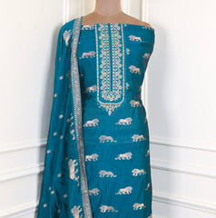 Banarasi Navy Blue Unstitched Suit