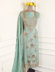 Organza Pista Green Unstitched Suit