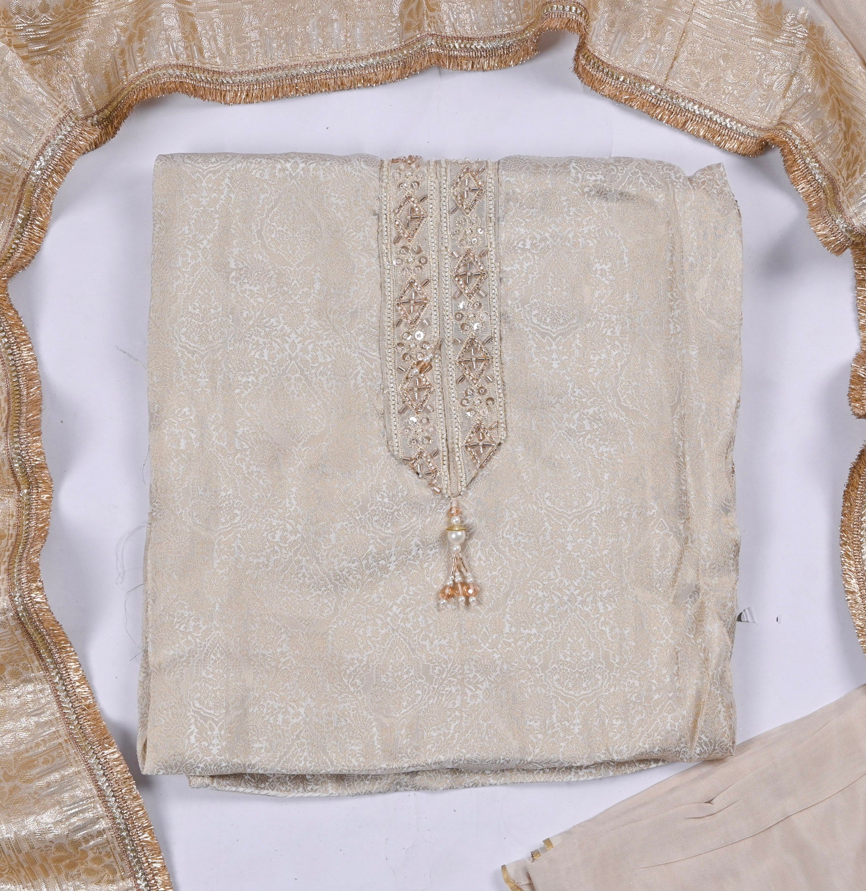 Banarasi Silk Beige Unstitched Suit