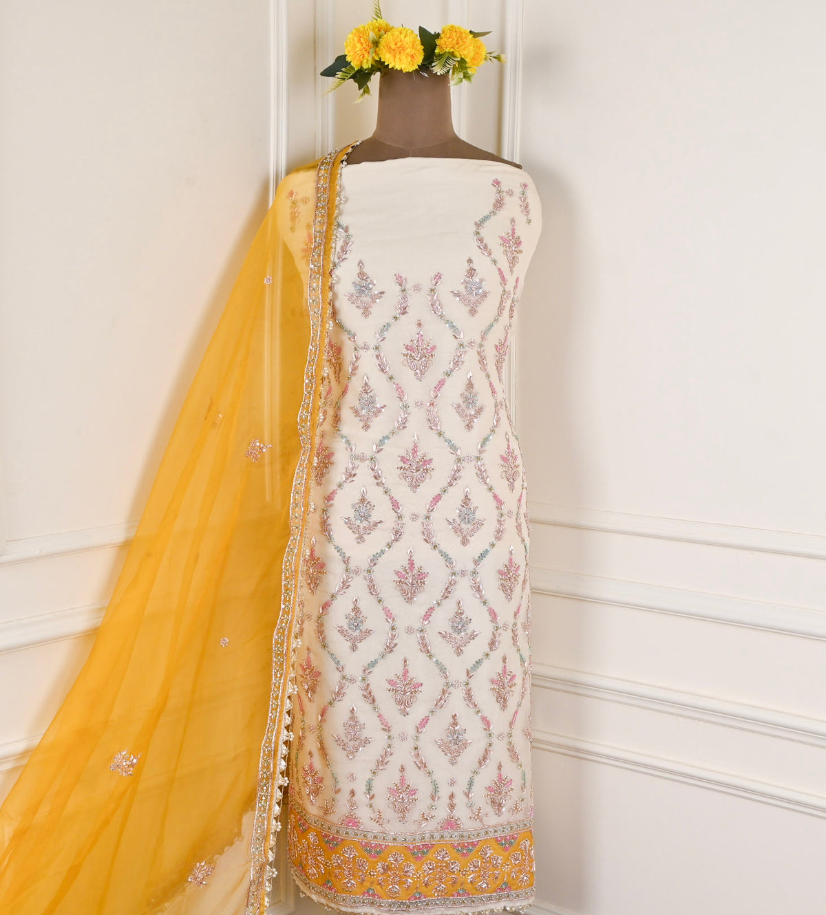 Organza Yellow Unstitched Suit
