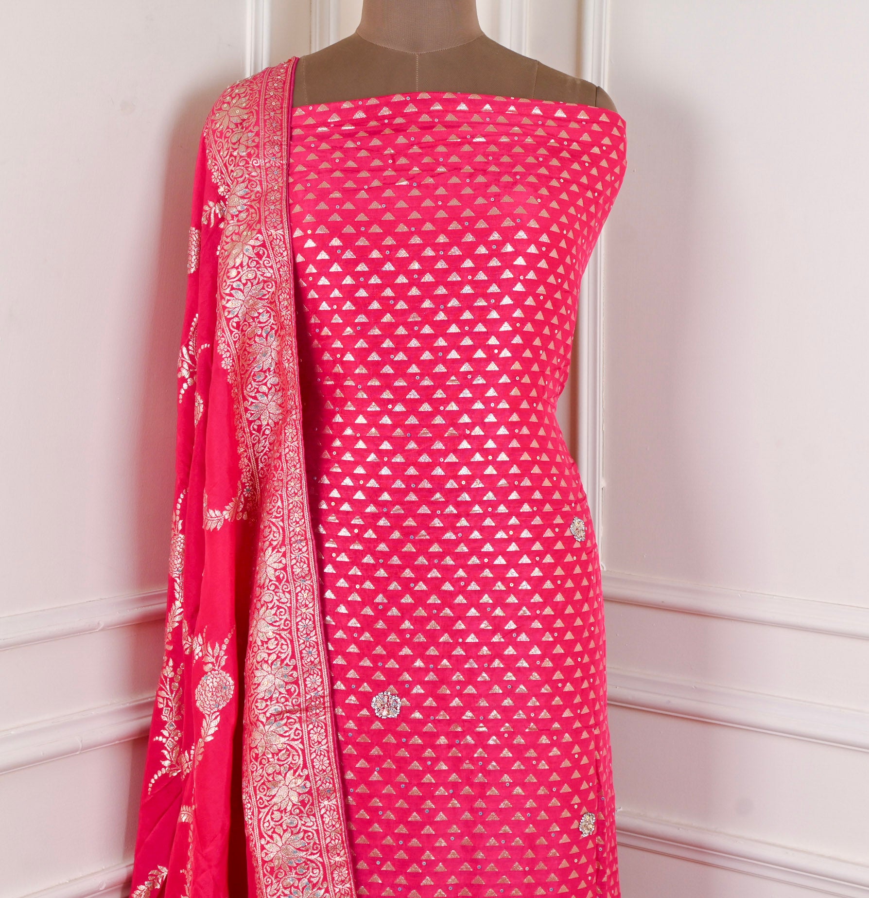 Banarasi Silk Pink Unstitched Suit