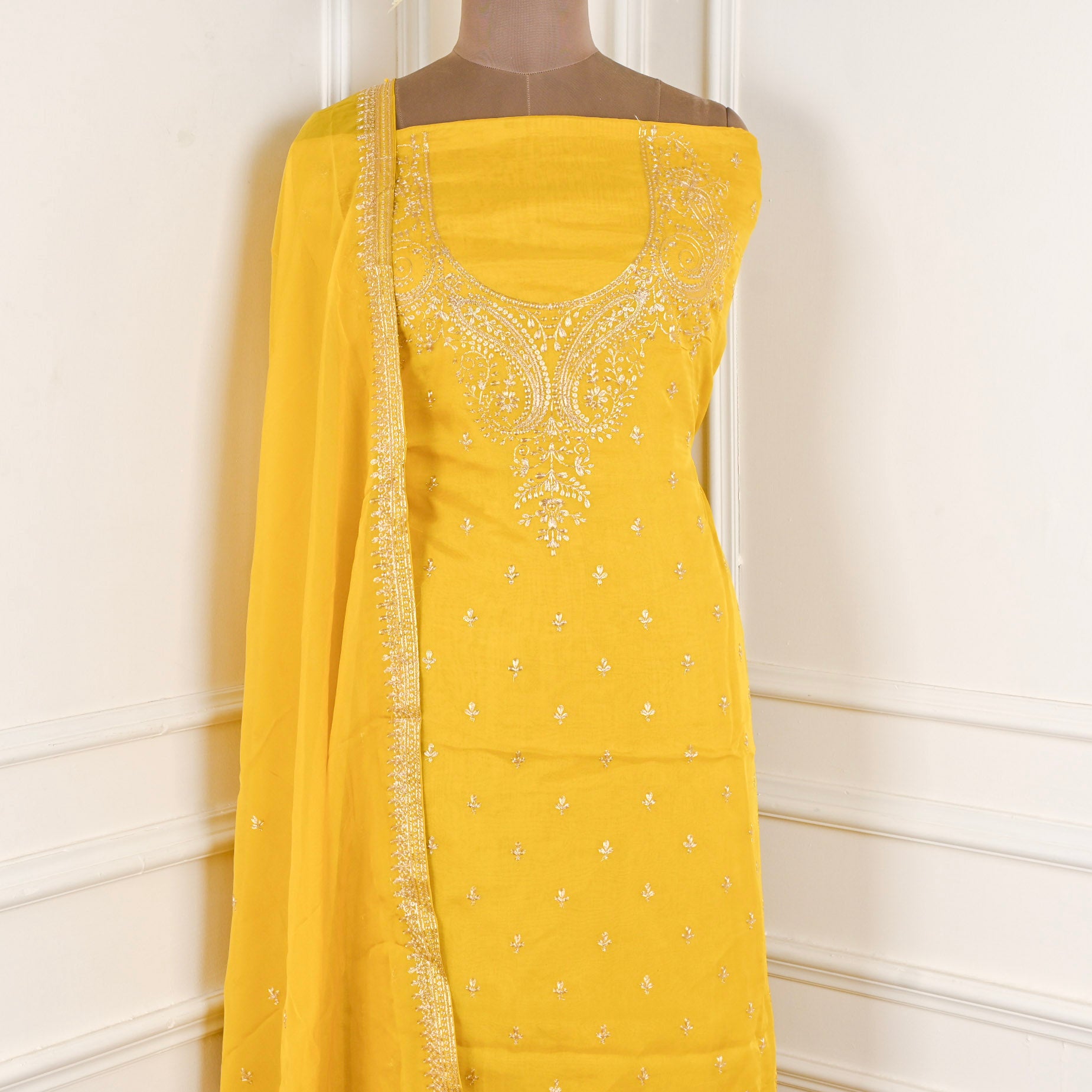 Organza Yellow Unstitched Suit