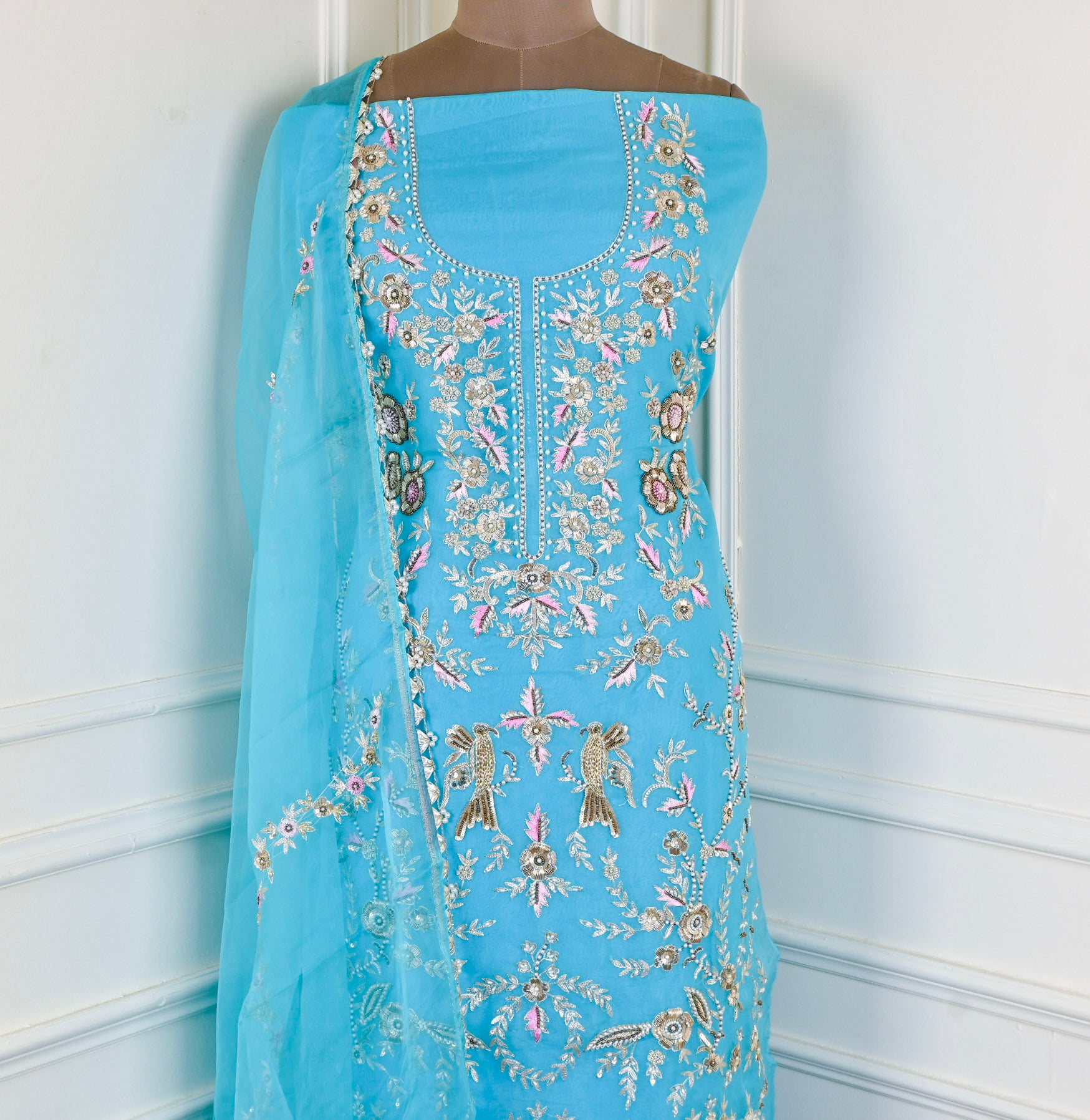 Organza Sky Blue Unstitched Suit