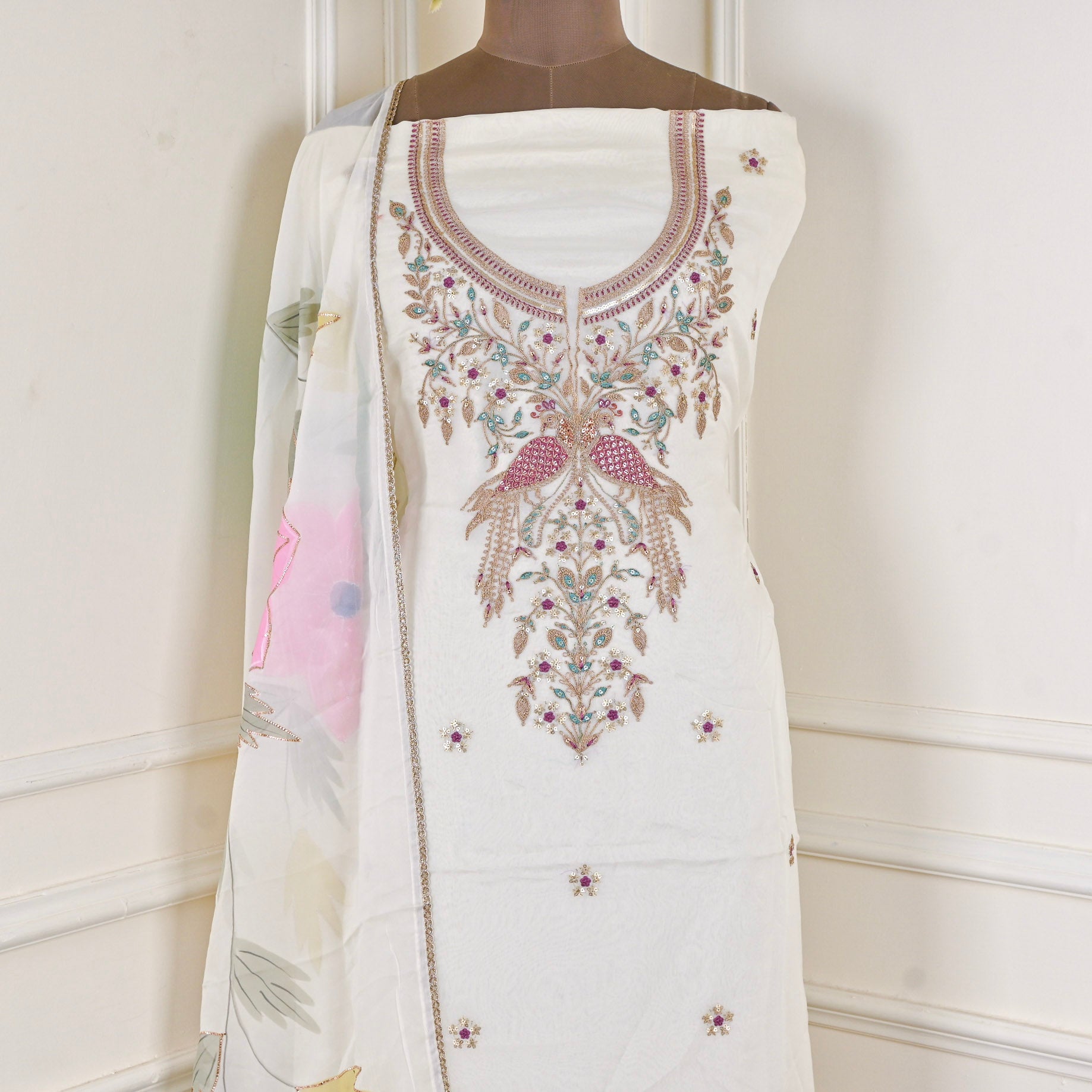 Organza White Unstitched Suit