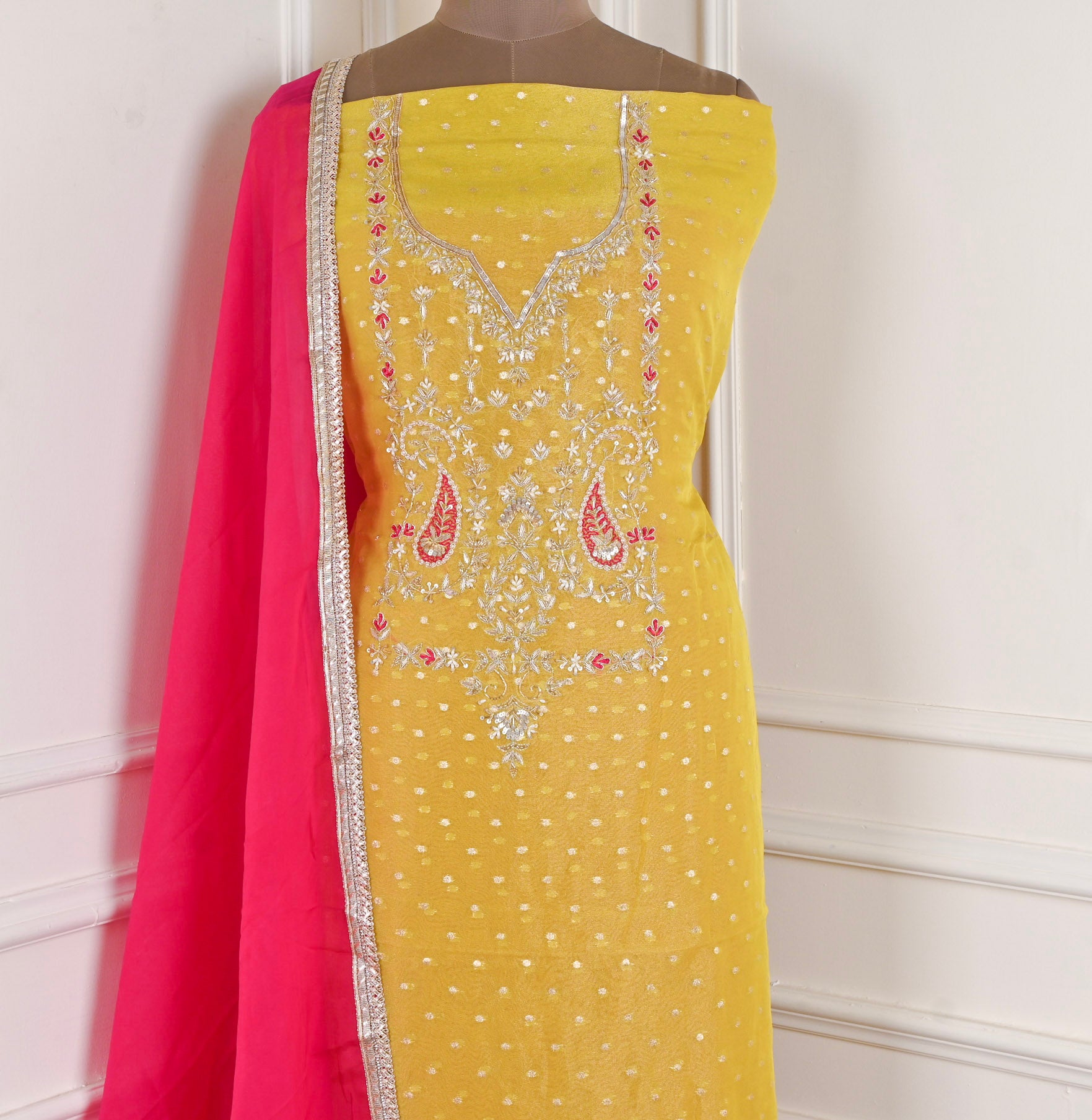 Shimmer Light Yellow Green Unstitched Suit
