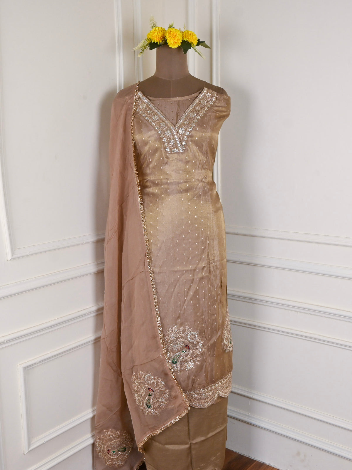 Banarasi Brown Unstitched Suit