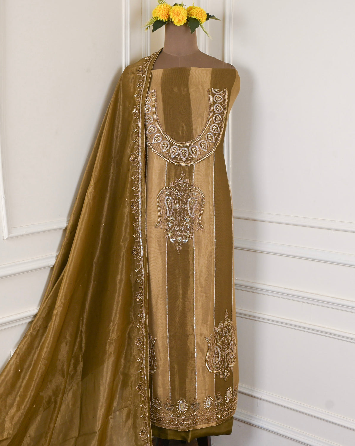 Shimmer Mehandi Unstitched Suit
