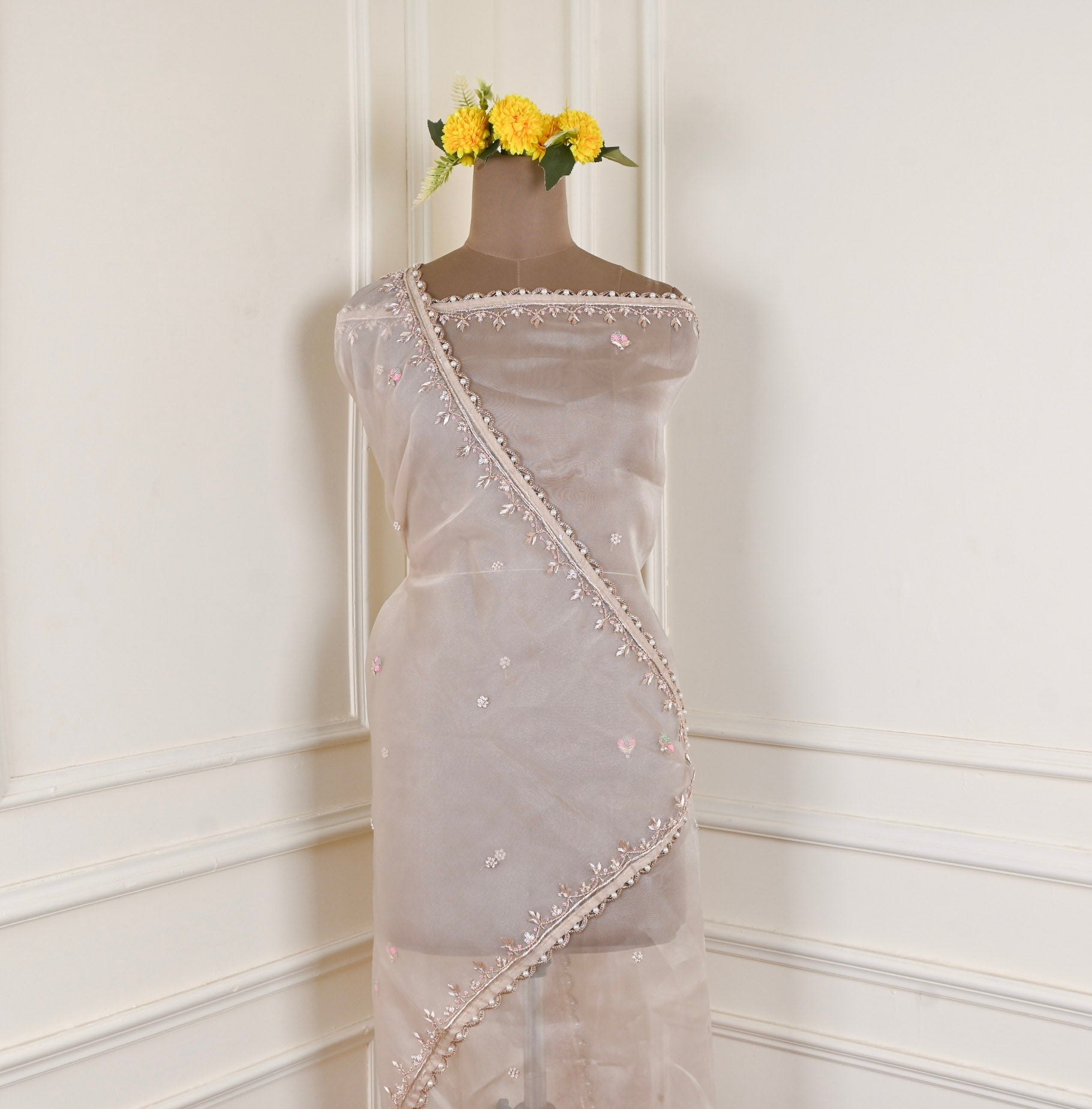Glass Organza Beige Unstitched Suit