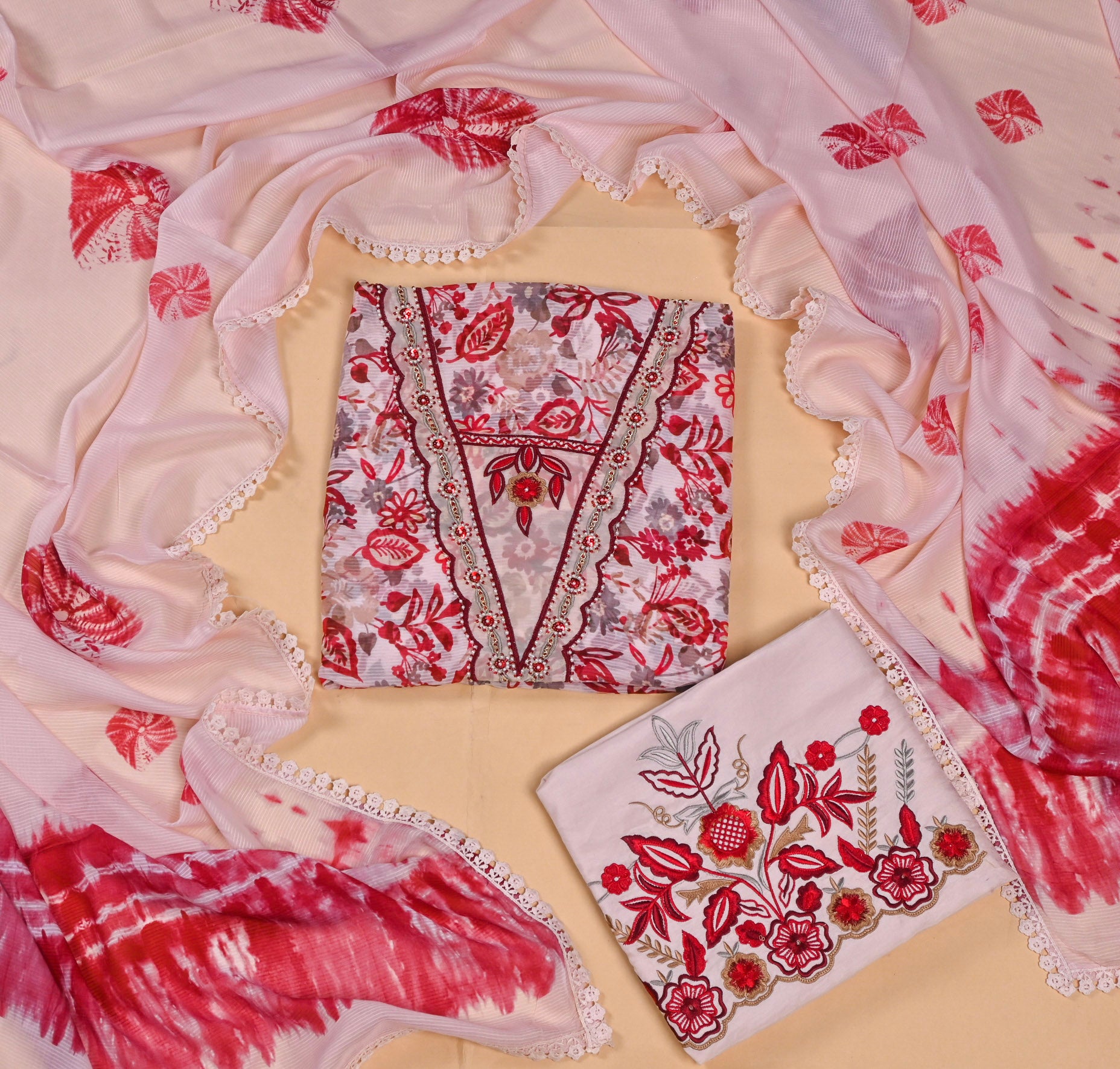 Tabby Red Beige Unstitched Suit