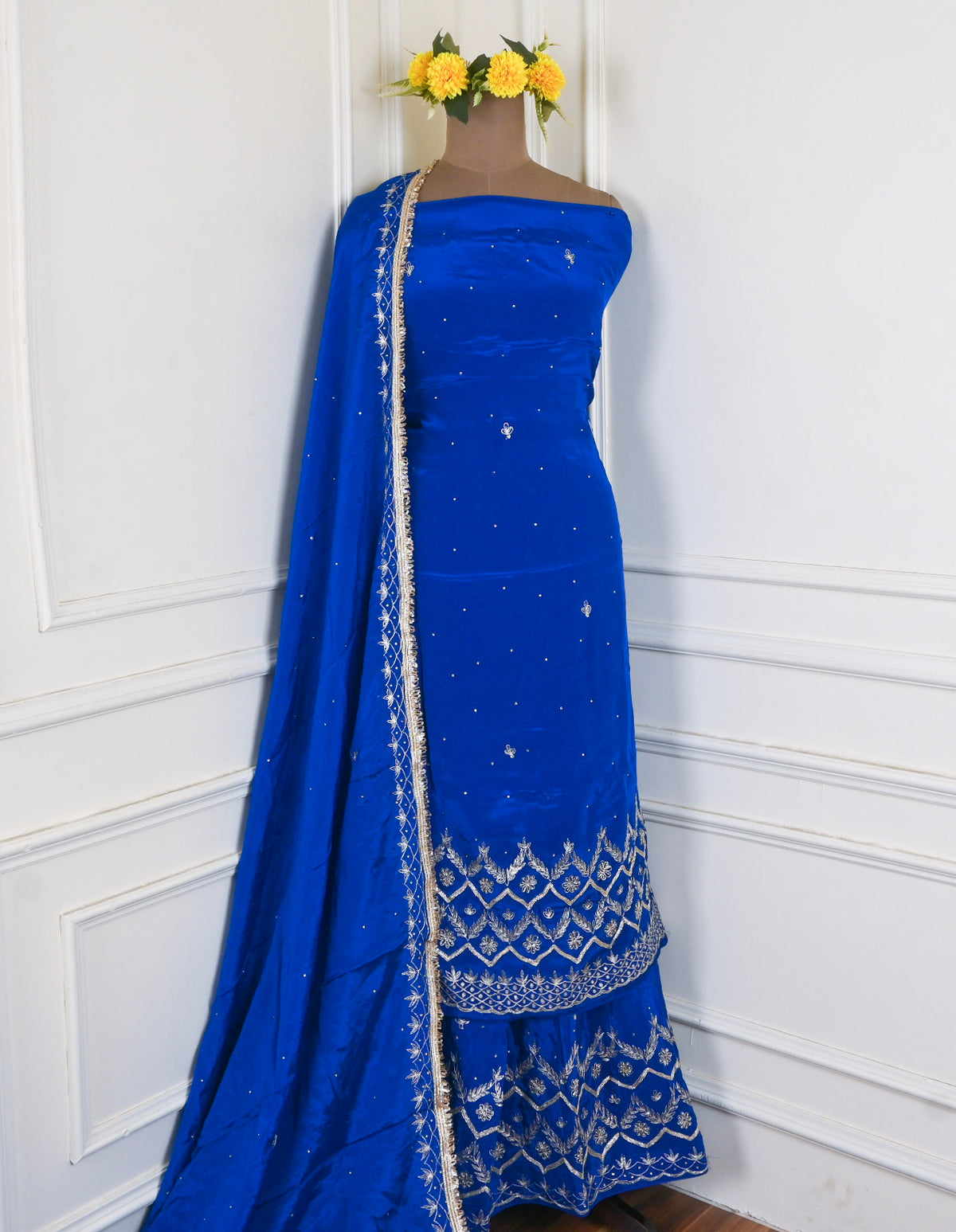 Crepe Blue Unstitched Lehenga Suit