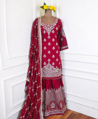 Khadi Maroon Stitched Lehenga Suit