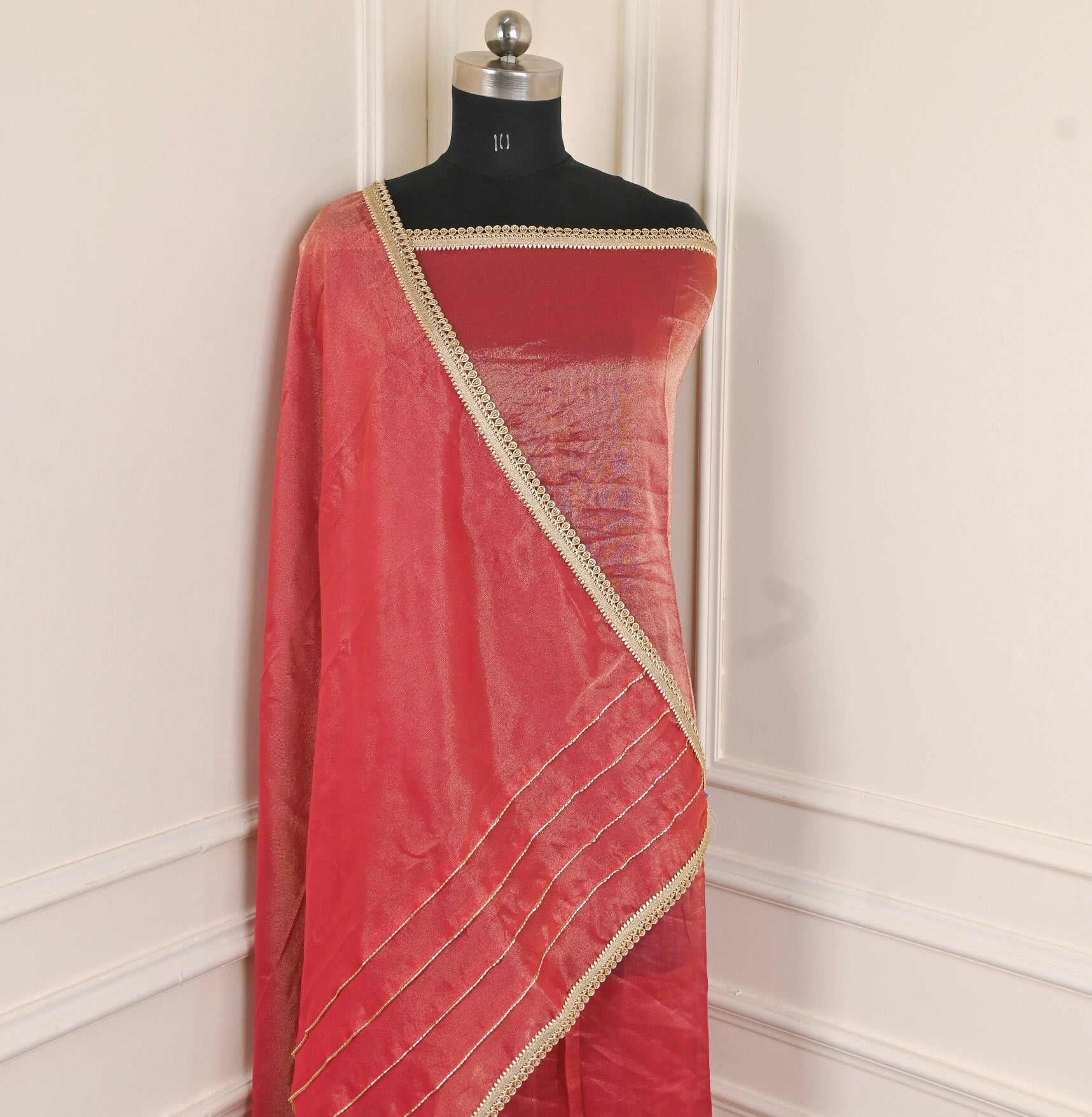 Glass Shimmer Beige Red Unstitched Suit