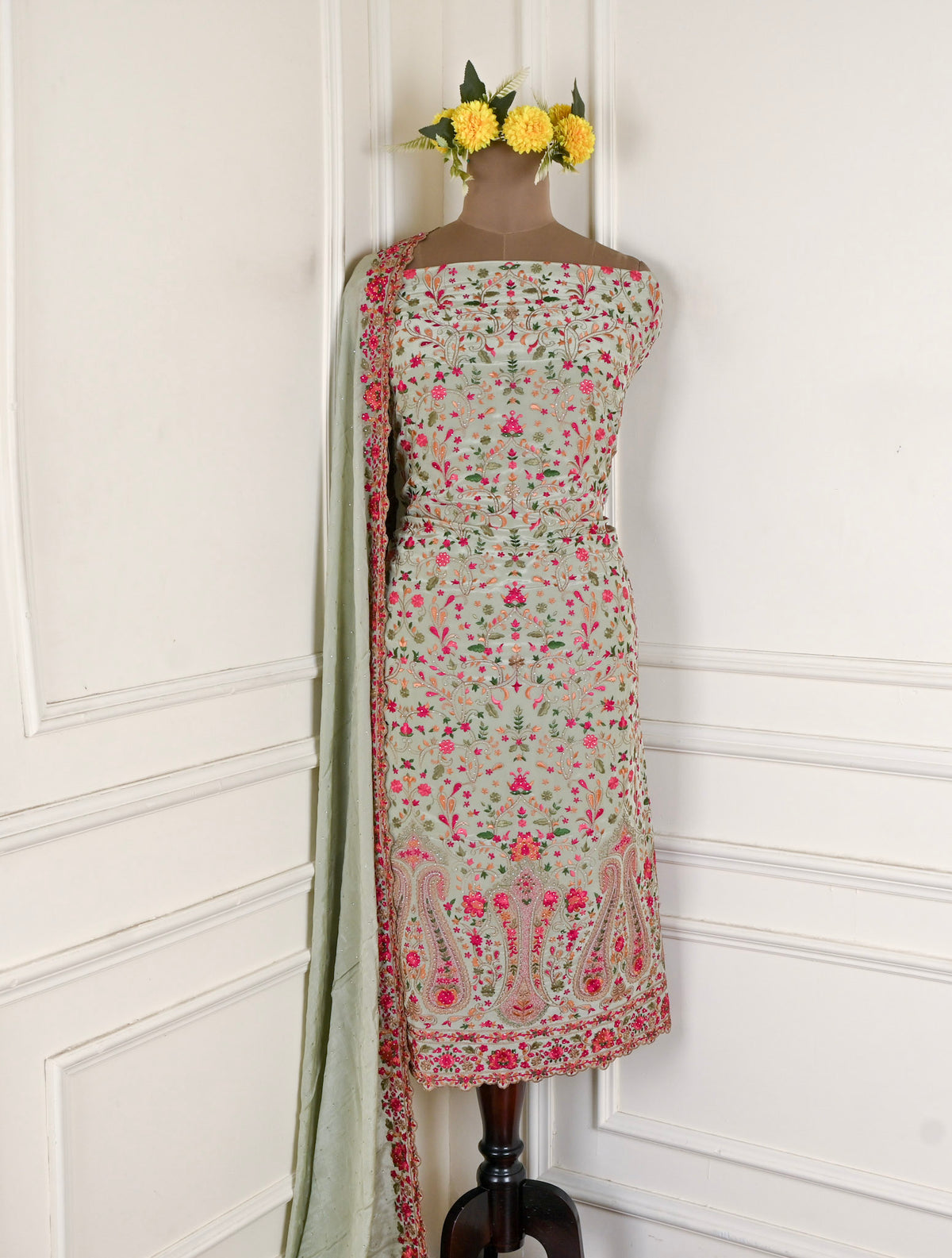 Crepe Pista green Unstitched Suit