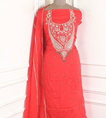 Organza Red Unstitched Suit