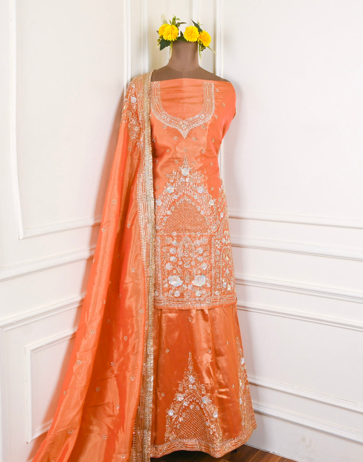 Shimmer Orange Unstitched Lehenga Suit