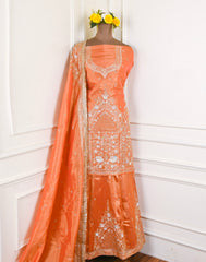 Shimmer Orange Unstitched Lehenga Suit
