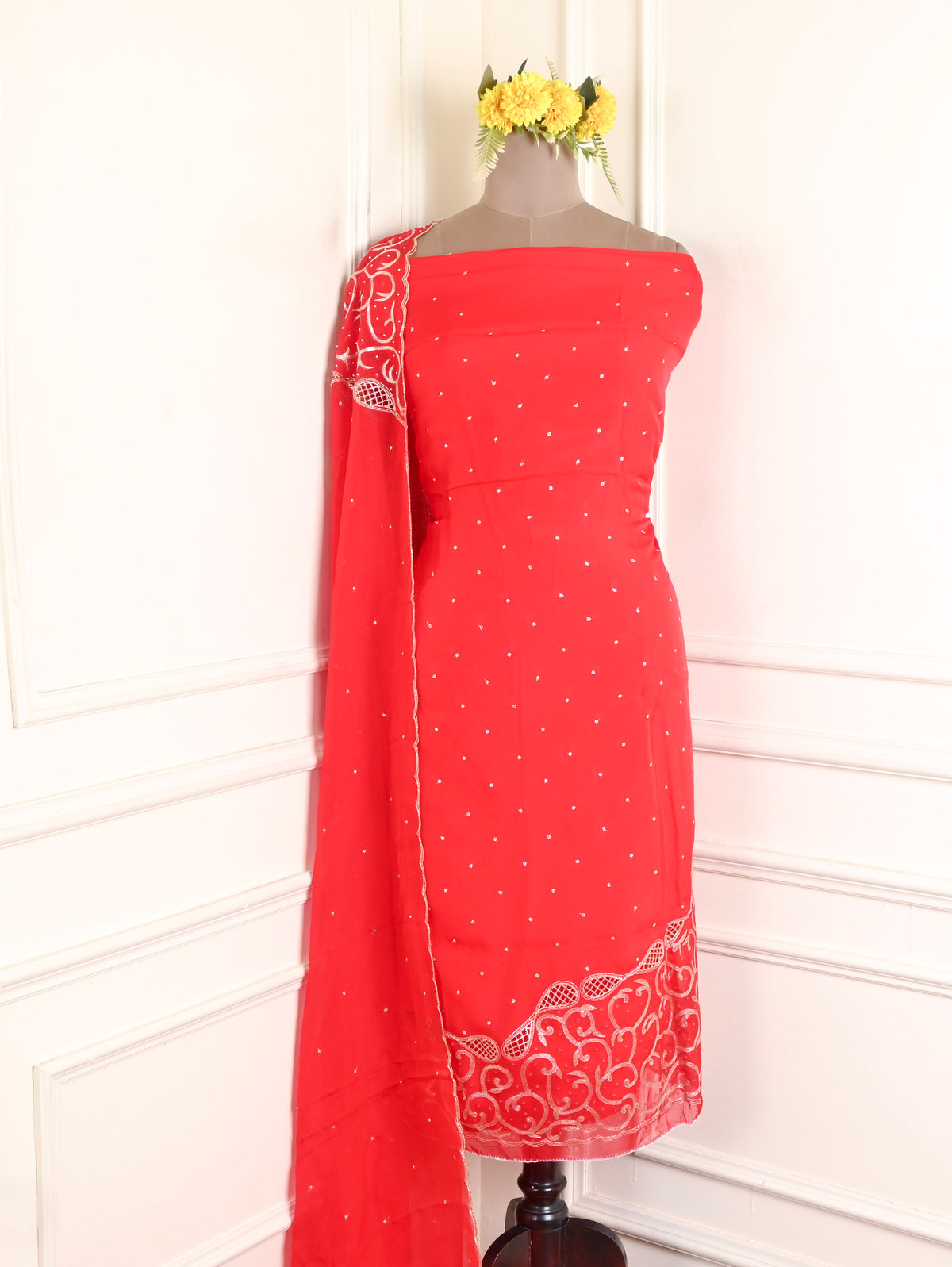 Organza Red Unstitched Suit