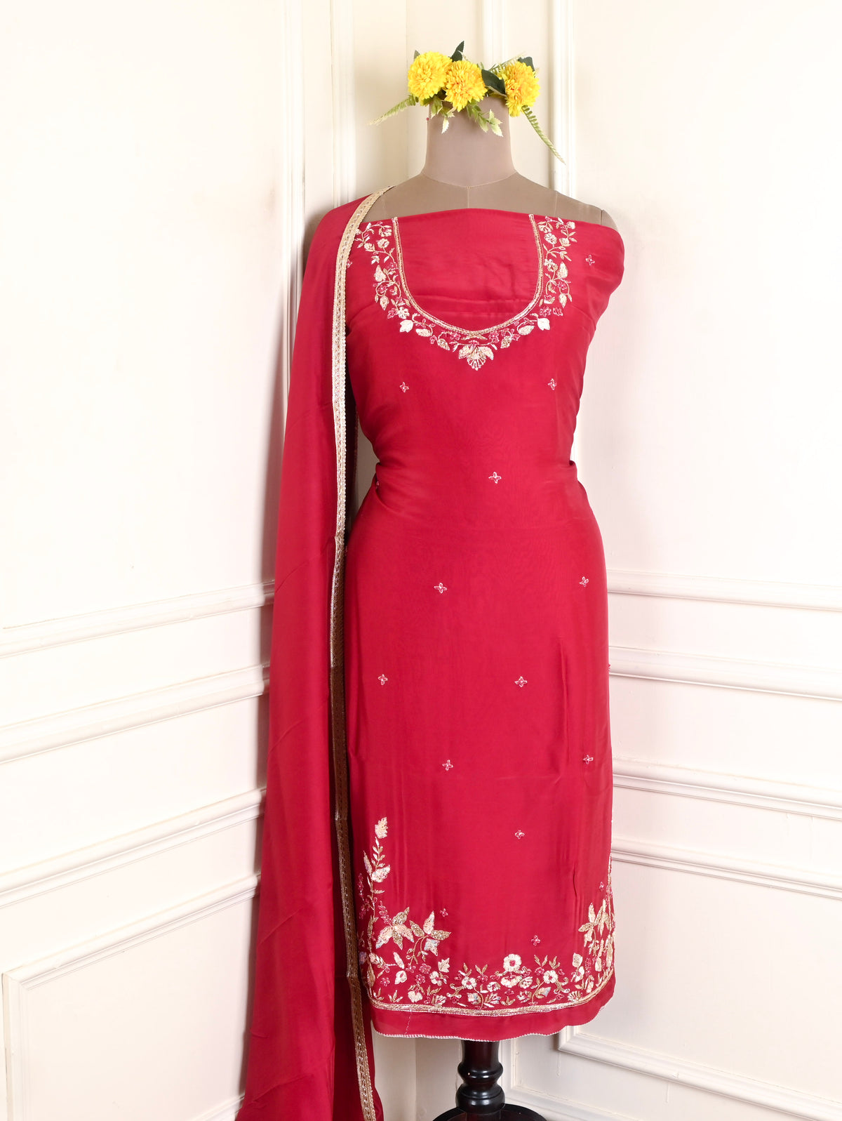 Silk Organza Maroon Unstitched Suit